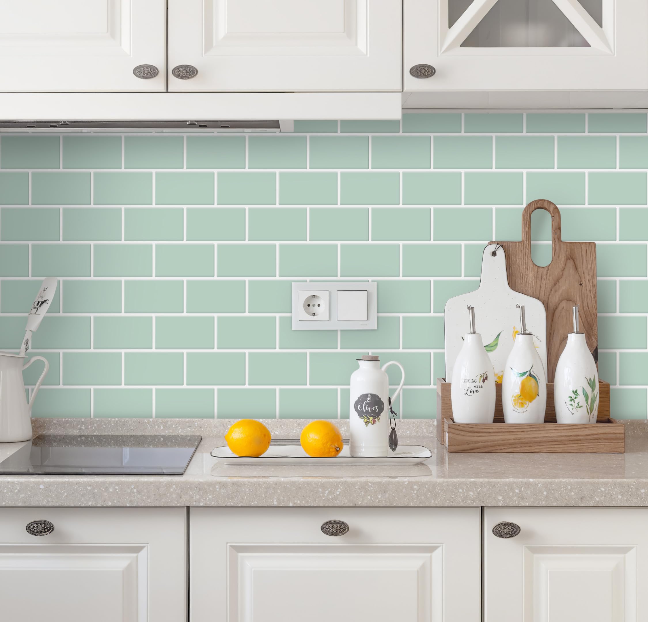 DEWOO Plaktegels Muur Tegelstickers Plakbare Tegels voor Keuken en Badkamer Lichtgroen Groen 10-Vellen (30,5 x 30,5 cm