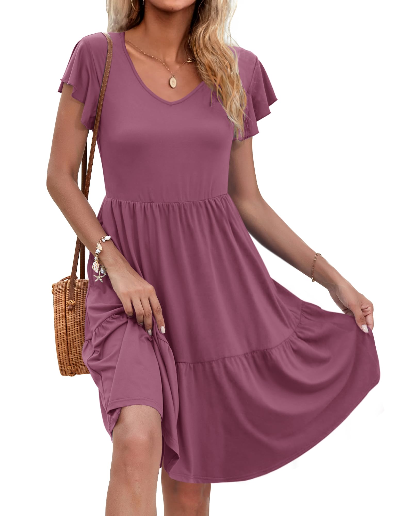 AUSELILY Damen Sommerkleid Rüschen Kurzarm Elegante V-Ausschnitt Kleider Swing Knielanges A-Linie Freizeit Strandkleid Gestuftes Kleider mit Tasche