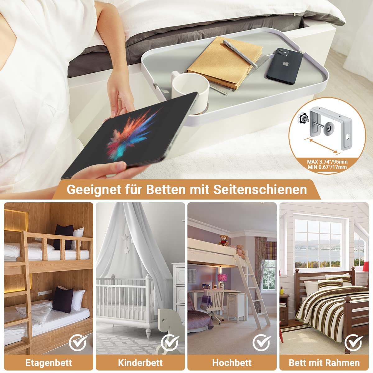 Mensola del Comodino Comodino Vassoio Portaoggetti per Dormitorio e Bambini Letti a Castello con Telaio 17-95mm Clip sulComodino Rimovibile Cupholder Silicone Pad Supporto Cavo Morsetto Design Muto