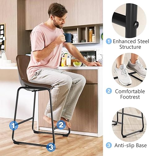 Miniatura 118 de Rfiver Taburetes de bar de piel sintética de poliuretano, juego de 2, taburetes industriales con respaldo y reposapiés, sillas modernas sin brazos