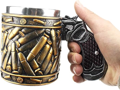 Miniatura 5 de JIUMOZHI Western Revolver - Jarra de pistola con mango de agarre de pistola y carcasa de bala de munición dorada, tazas de café 304 SS Liner 11oz