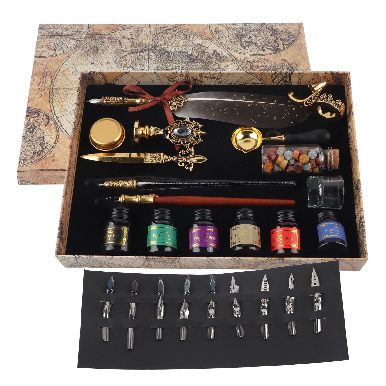 Federstift-Set, Elegantes Federkiel-Set für Kalligraphie und Kunstprojekte, Vintage-Stil mit 18 Federn und Tinte (SP271931R gesprenkeltes Goldgrau)