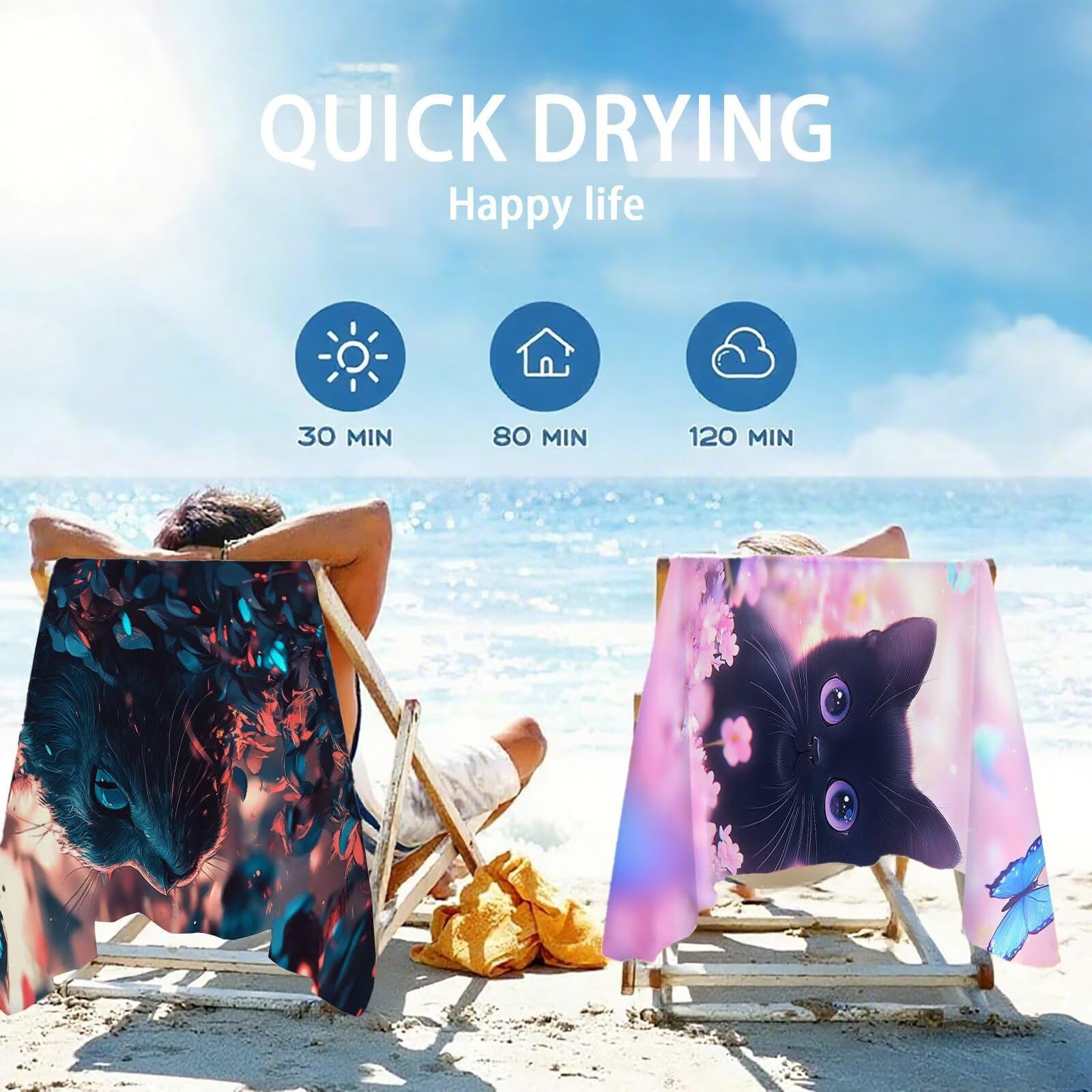 Ręcznik plażowy z mikrofibry 220 x 100 cm prześcieradło plażowe przeciw piaskowaniu kot ręcznik plażowy XXL kwiatowy ręcznik plażowy szybkoschnący, miękki i bardzo chłonny, szybkoschnący do podróży