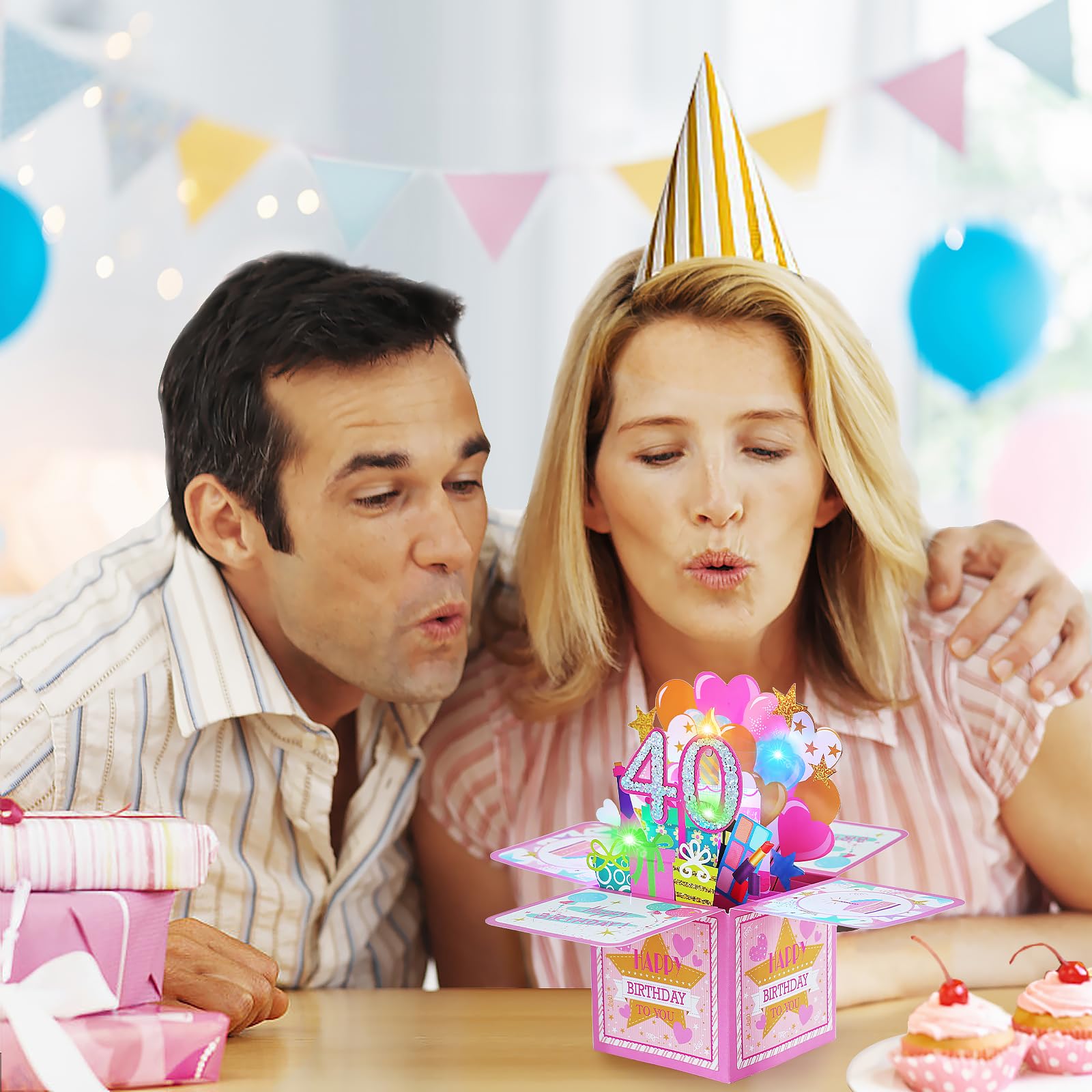 joyoldelf Damska kartka urodzinowa 40 lat - Muzyczna kartka z życzeniami 3D Pop Up, prezent na urodziny dla córki, idealna dla mamy, przyjaciela, matki, siostry, dziewczyny, towarzysza, imprezy