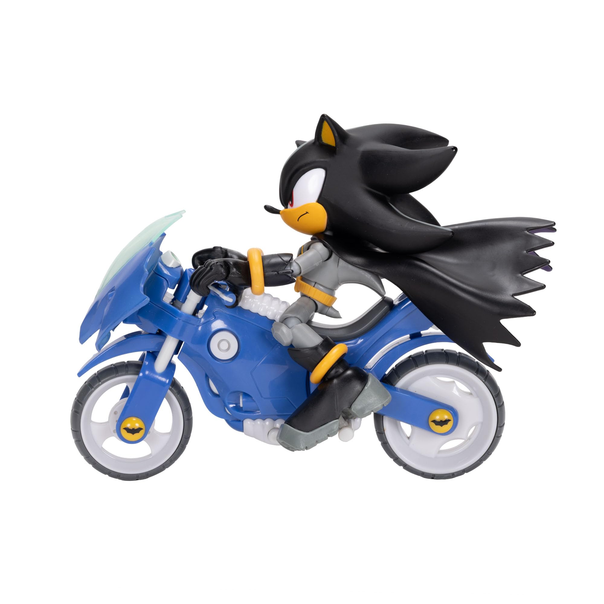 Coffret Figurine articulée DC x Sonic Shadow en Batman et Batcycle, Jakks Pacific, Comprenant Une Figurine Shadow de 12,7cm & Un véhicule interactif avec Roues Mobiles et béquille Fonctionnelle.