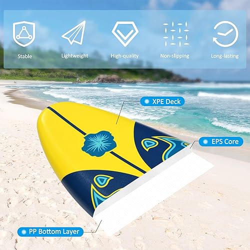 Miniatura 3 de GYMAX Tabla de surf, tabla de cuerpo de 6 pies con aletas extraíbles y correa protectora, tabla de surf antideslizante para surf, pesca, agua y yoga