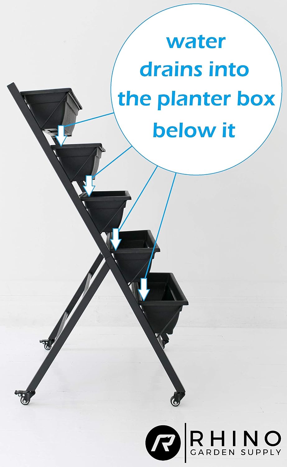 Vertical Raised Garden Bed, Tiered (29" Long x 26" Wide x 51" Tall) - Locking Wheels for Easy Planter Mobility - 5 Food Safe Flower Boxes - Cascading Water Drainage - Freestanding Indoor/Outdoor Kit