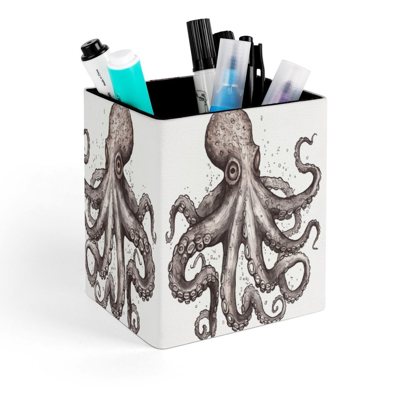 VstaDank Octopus Pen Holder Square Pencil Holder Leather Pencil Cup Pen Organizer Makeup Brush Holders Pen Cups Desktop Stationery Organizer for Home Office Desk Organizers