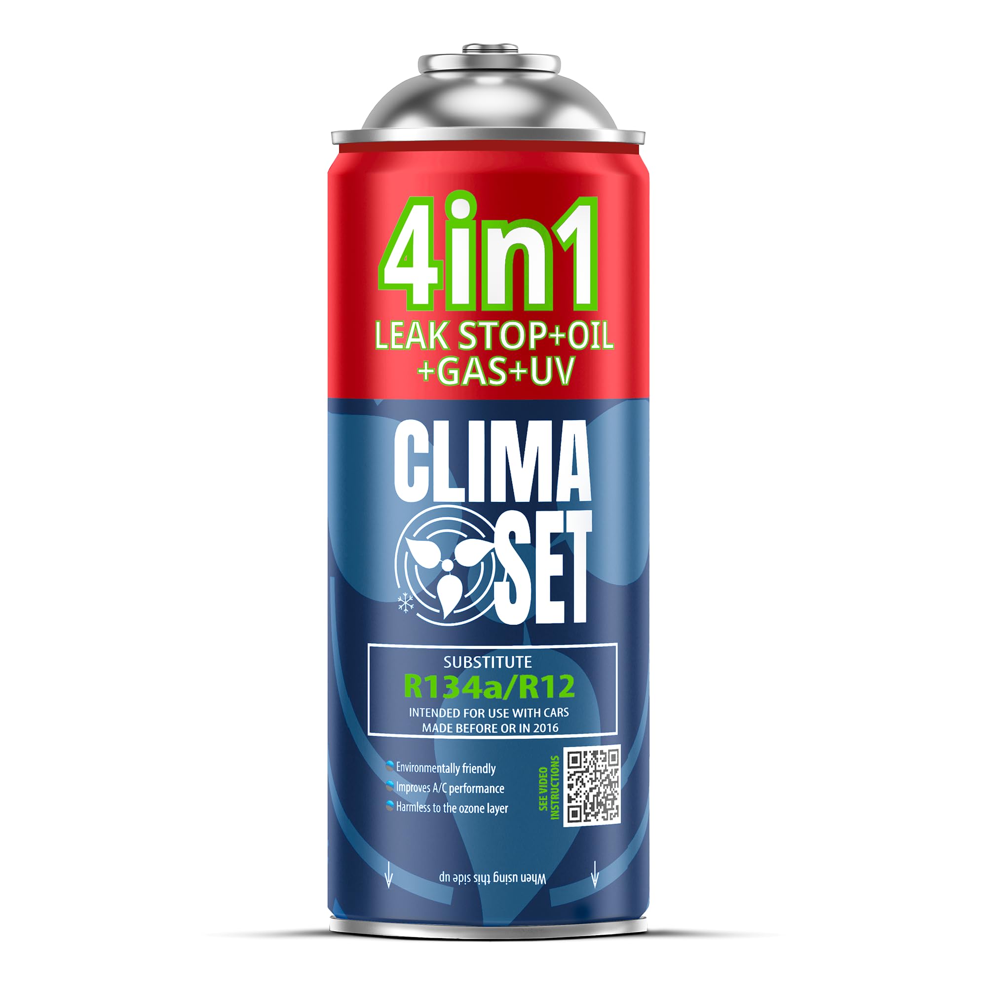 CLIMASET - Gas de Recarga para Aire Acondicionado 4en1 sustituto R134a, Aceite, Sellador de Fugas con Tinte UV + Manguera - Kit de Recarga de Gas para Aire Acondicionado Y Detección de Fugas