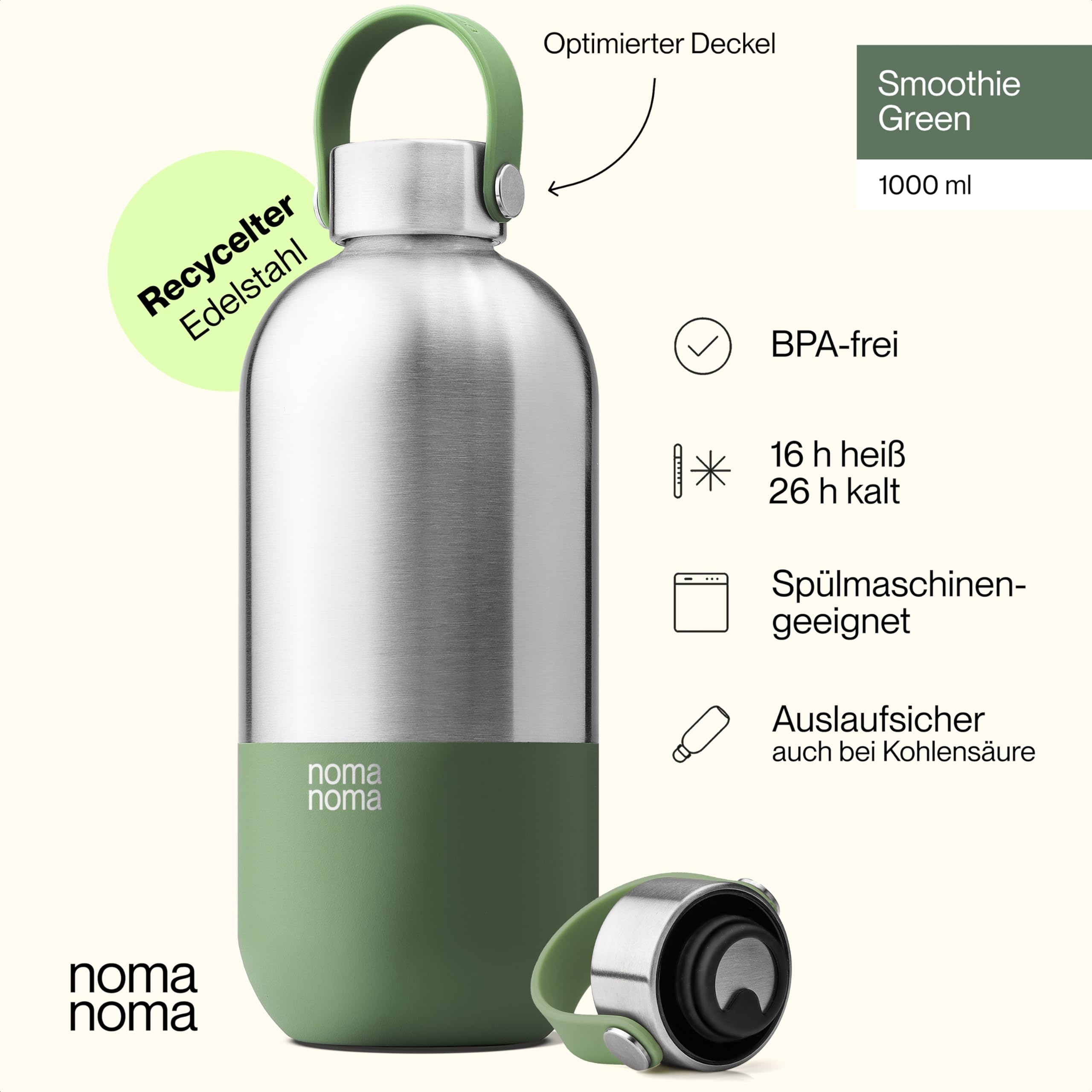 Trinkflasche Edelstahl Kohlensäure geeignet - Thermosflasche 1l, 750ml, 500ml - auslaufsicher, BPA-frei & klimaneutral (1l Smoothie Green)