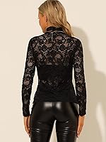 Vista 5 de Allegra K Camiseta de manga larga de encaje para mujer, transparente, ajustada, cuello alto falso, sexy