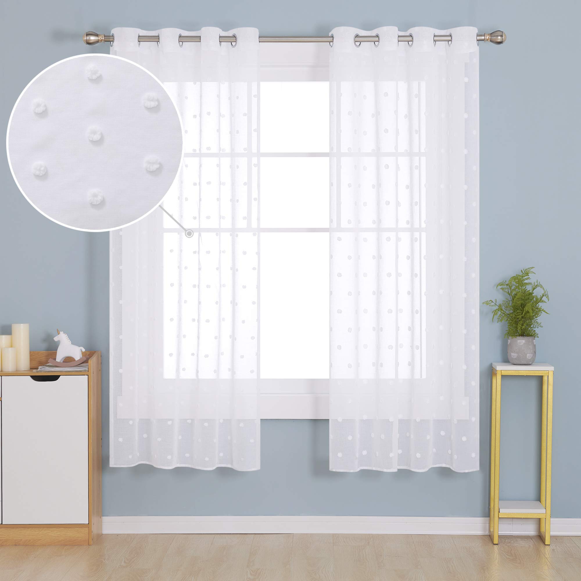 Deconovo Eyelet Net Curtains, Jacqued Clouds Voile Curtains, Semi Transparent Kis Voile Curtains, 55 x 72 Inch (Width x Length), White, 2 Panels