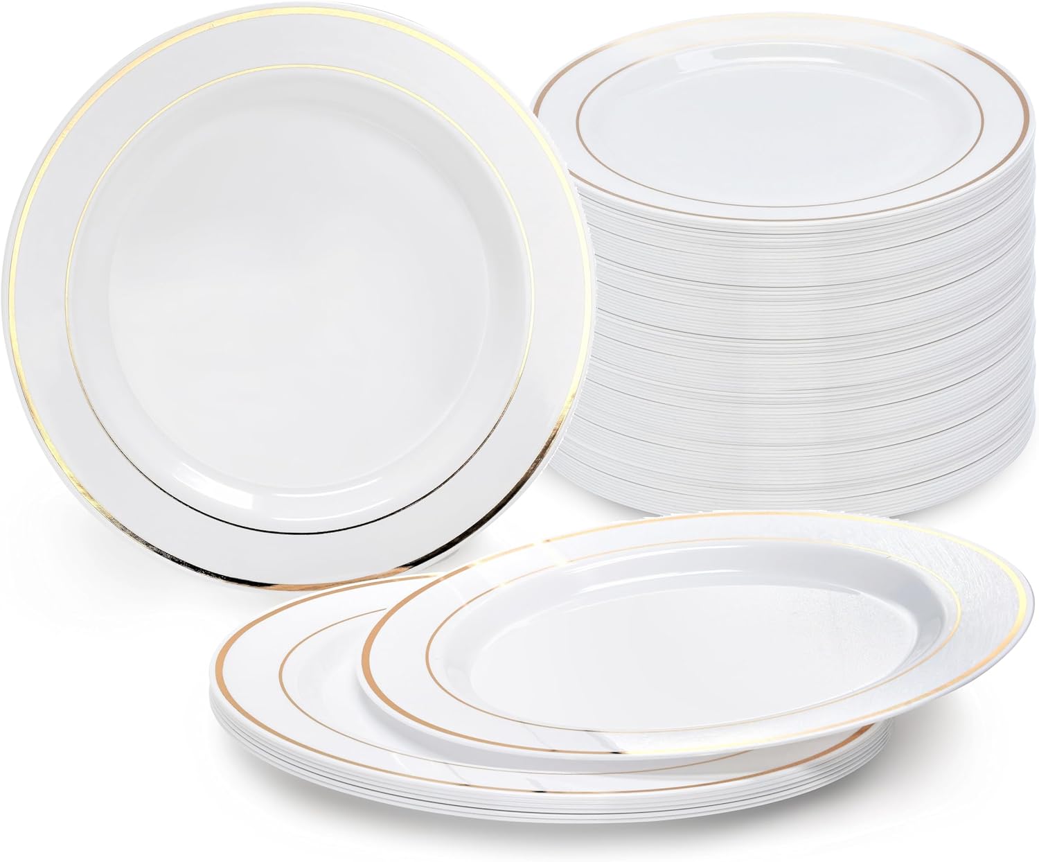 " OCCASIONS " 240 Plates Pack, Heavyweight Wedding Party Disposable Plastic Plates (6.25'' Cake Plates, White & Gold Rim)