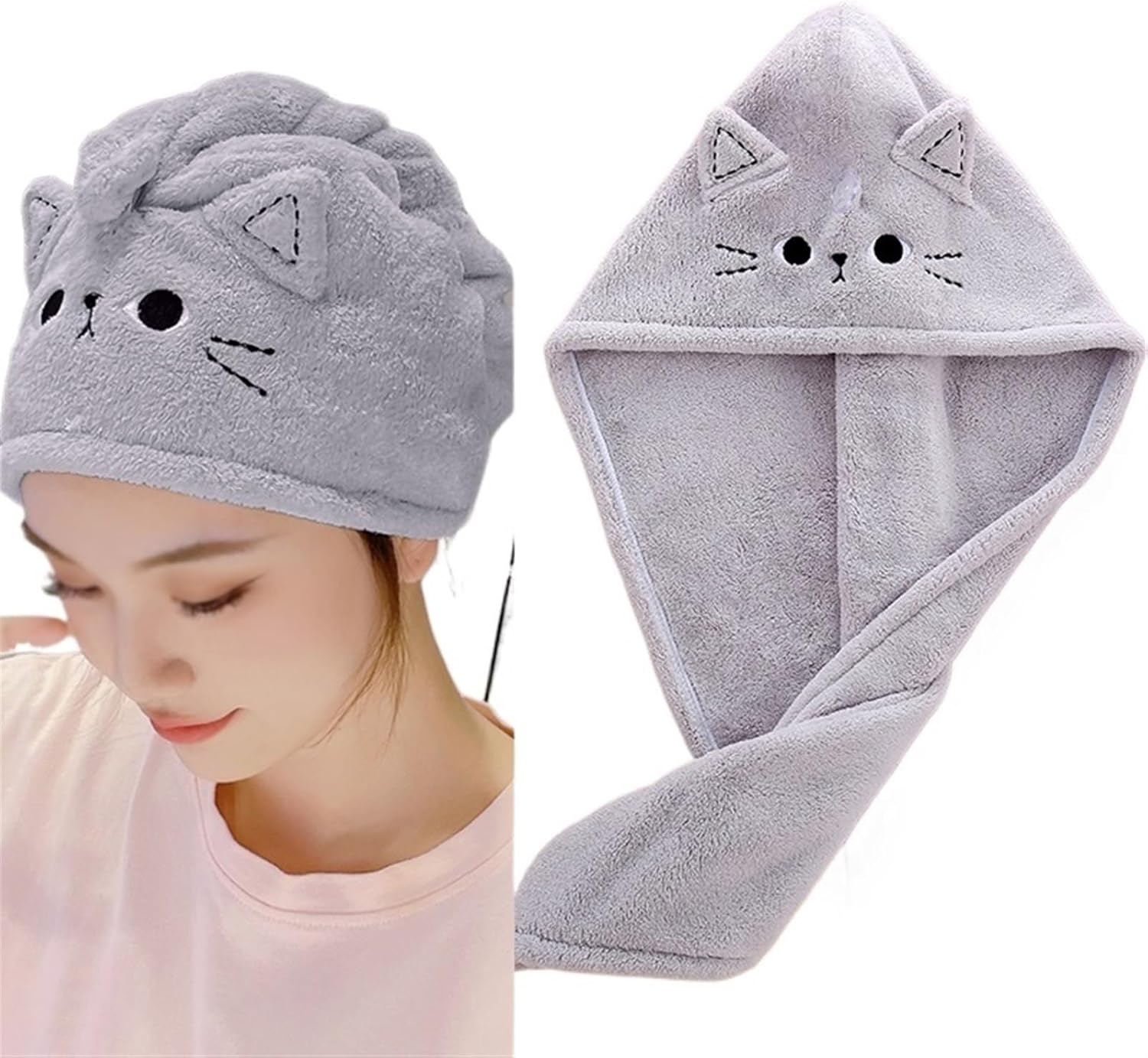 Cats Hair Towel Wrap, Super Absorbent, Reusable Shower Cap, Microfiber Hair Drying Shower Turban with Buttons, Cute, for Women and Girls (Color : White)
