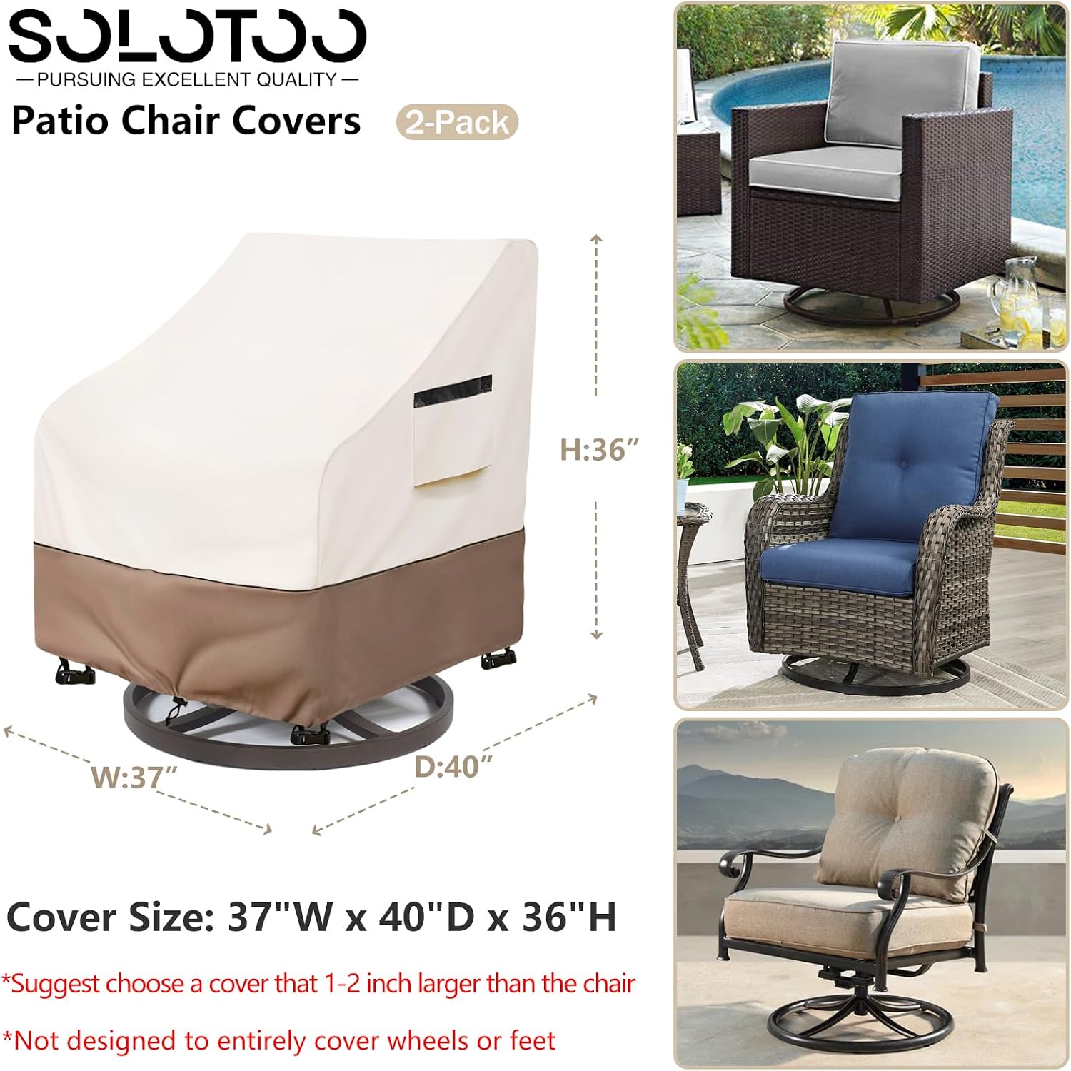 Patio Chair Covers Waterproof Heavy Duty Patio Furniture Covers, 37W x 40D x 36H Inches Swivel Outdoor Chair Cover 2 Pack (Beige)