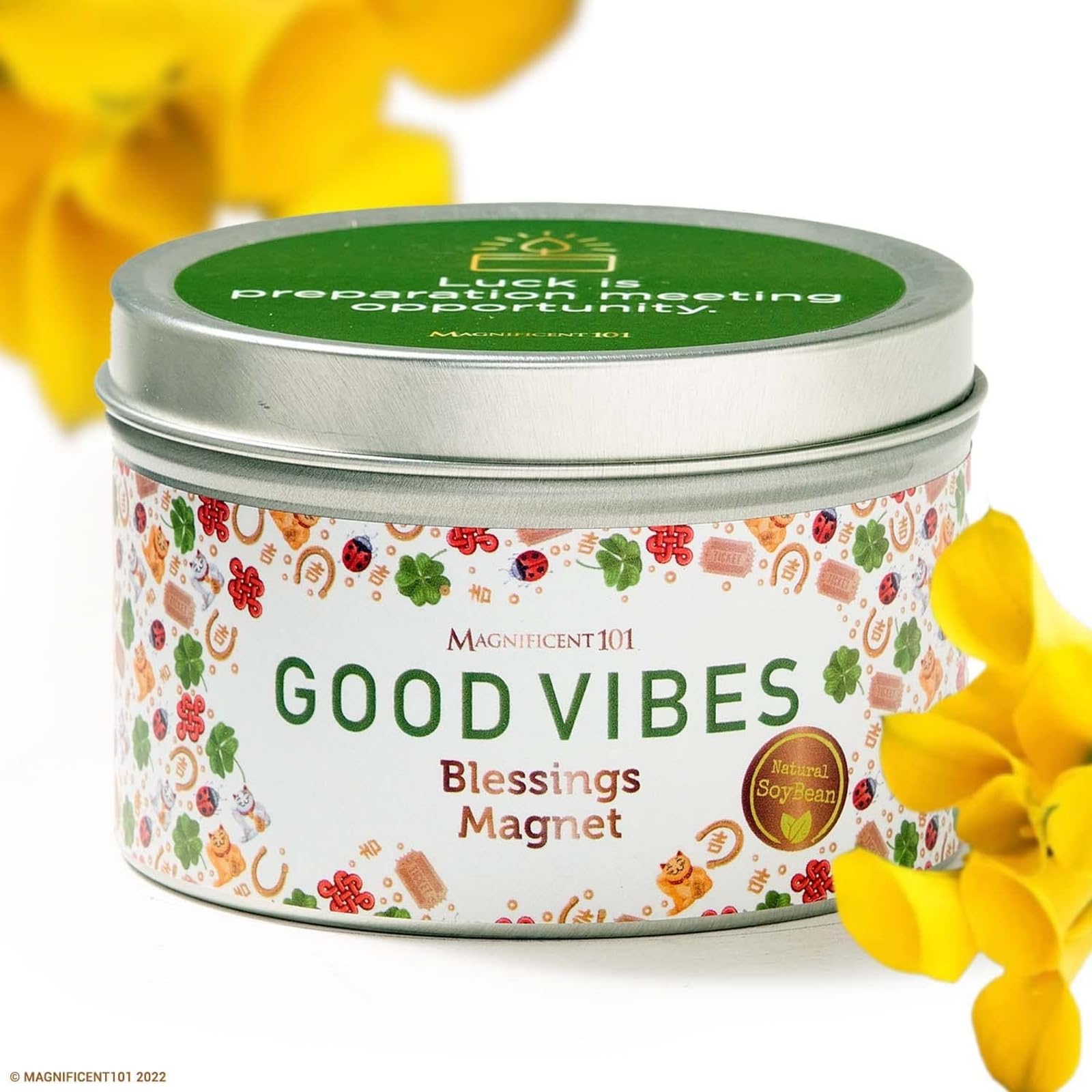 MAGNIFICENT 101 Good Vibes Manifestation Candle - 6 oz Light Brown Soy Wax Tin - Sage & Sandalwood Scented Candle for Chakra Healing & Luck