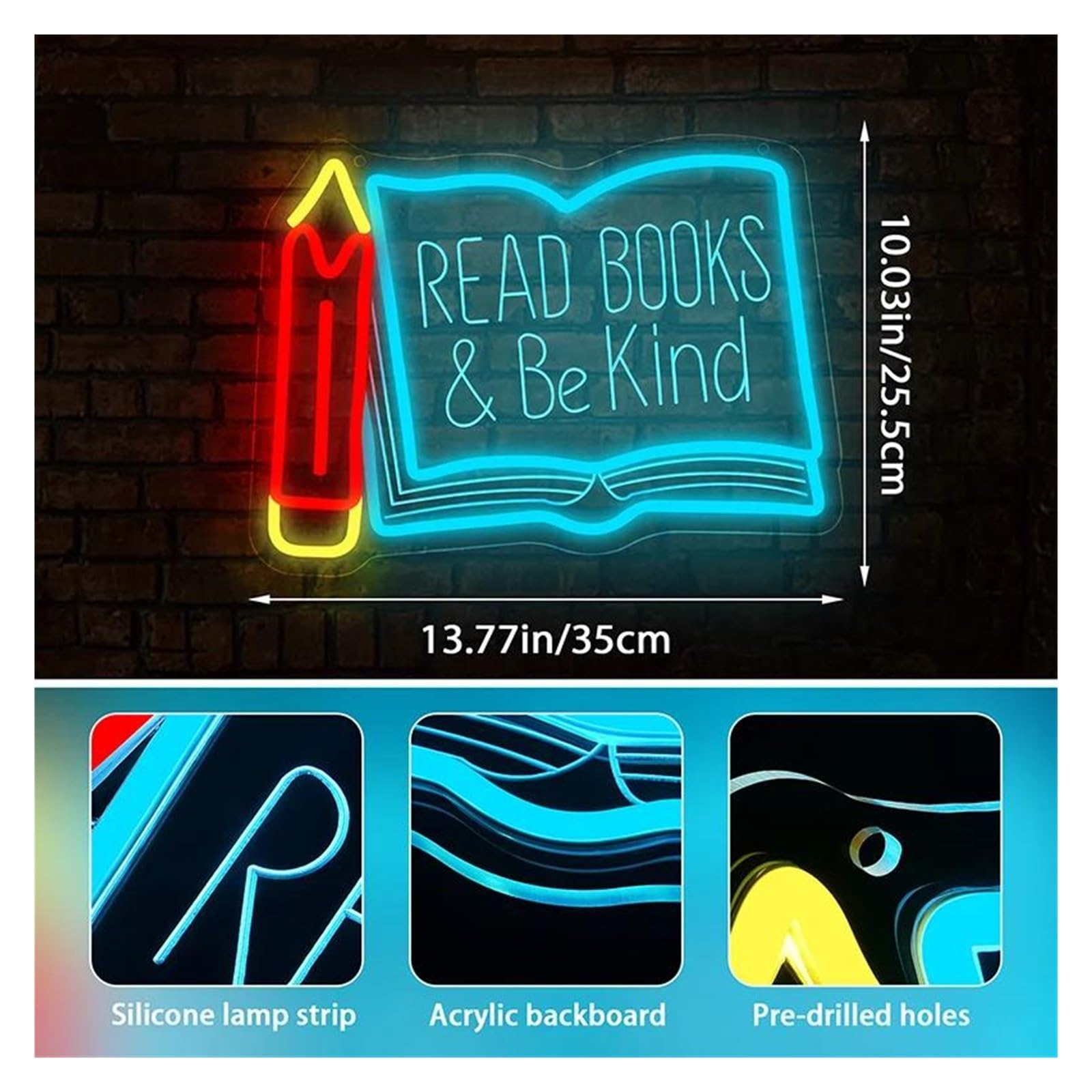 Wiszące neony artystyczne Read Books Be Kind Neon Light Do Klasy, Księgarni, Biblioteki, Muzeum, Pokoju Do Nauki, Dekoracji Ściennej Na Urodziny 35cmx25.5cm