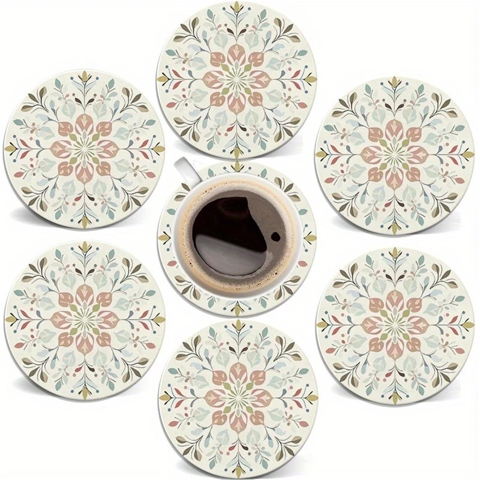 Wooden Round Coasters 6Pcs 10Cm Bohemian Floral Wooden Coasters