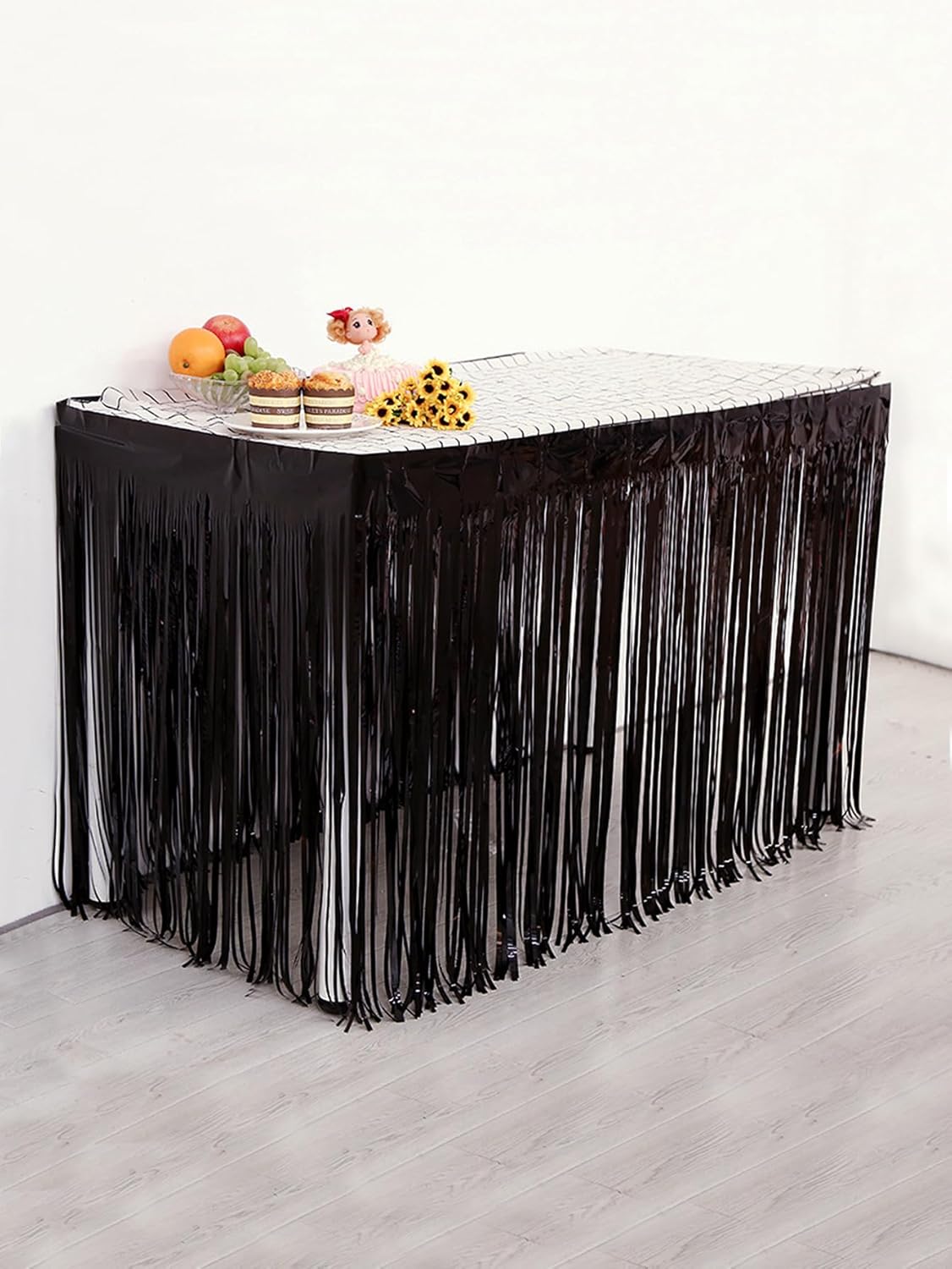 Set of 5 Black 29x108 Inch (9 Feet Long) Metallic Foil Fringe Table Skirt, Tinsel Disposable Skirting for Parade Floats Trailer, Mardi Gras Party, Birthday, Baby Shower, Wedding