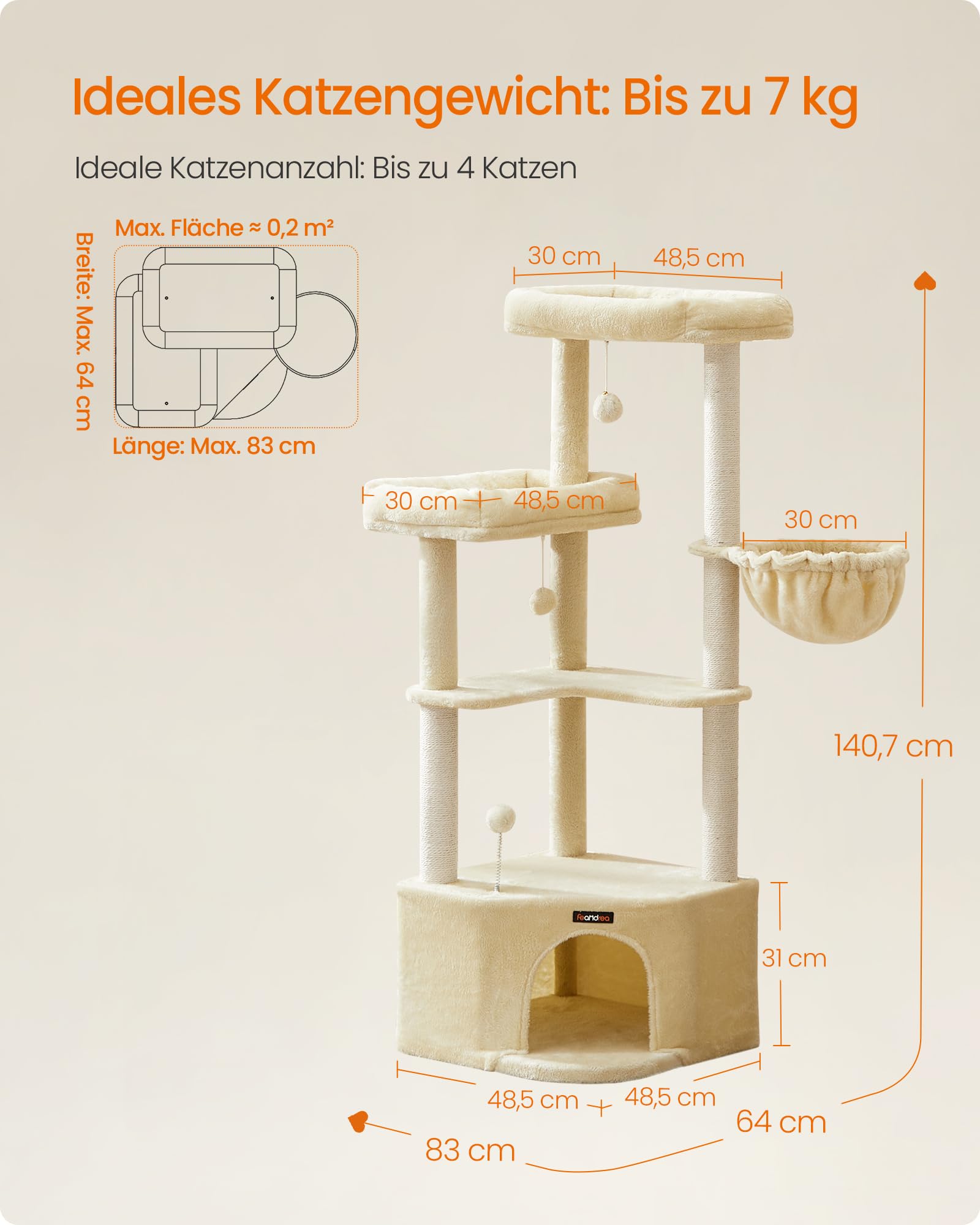 Feandrea Kratzbaum, Katzenbaum, 48,5 x 48,5 x 140,7 cm, Katzenkratzbaum mit großer Kuschelhöhle, großen Plattformen, Plüschbällen, Liegemulde, sandbeige PCT009Y01
