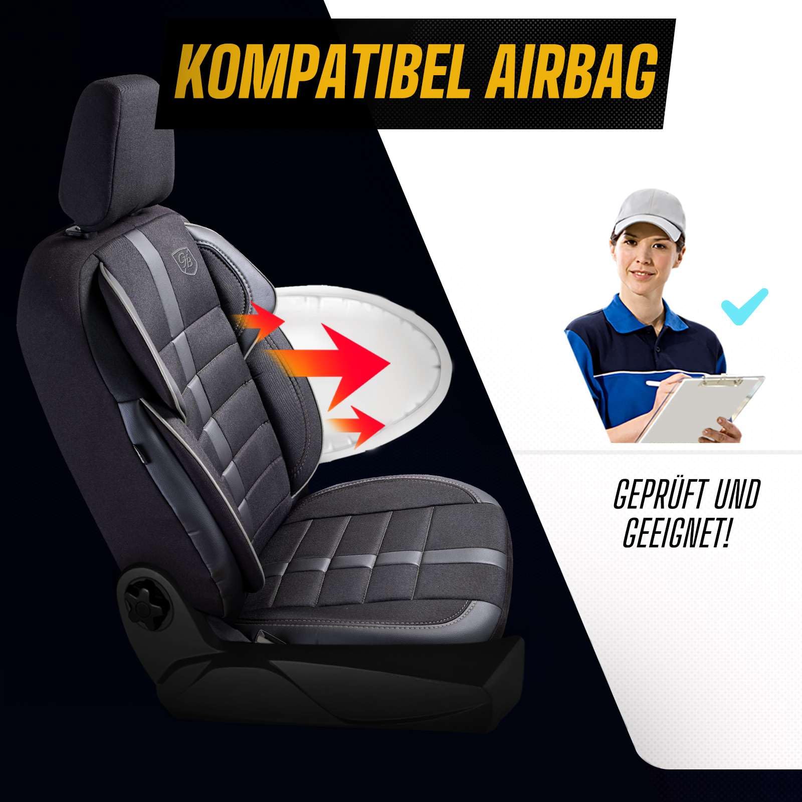 Coprisedili universali per auto – Premium accessori interni per auto e SUV – jacquard coprisedile auto, compatibile con airbag, nero e grigio, set di montaggio incluso