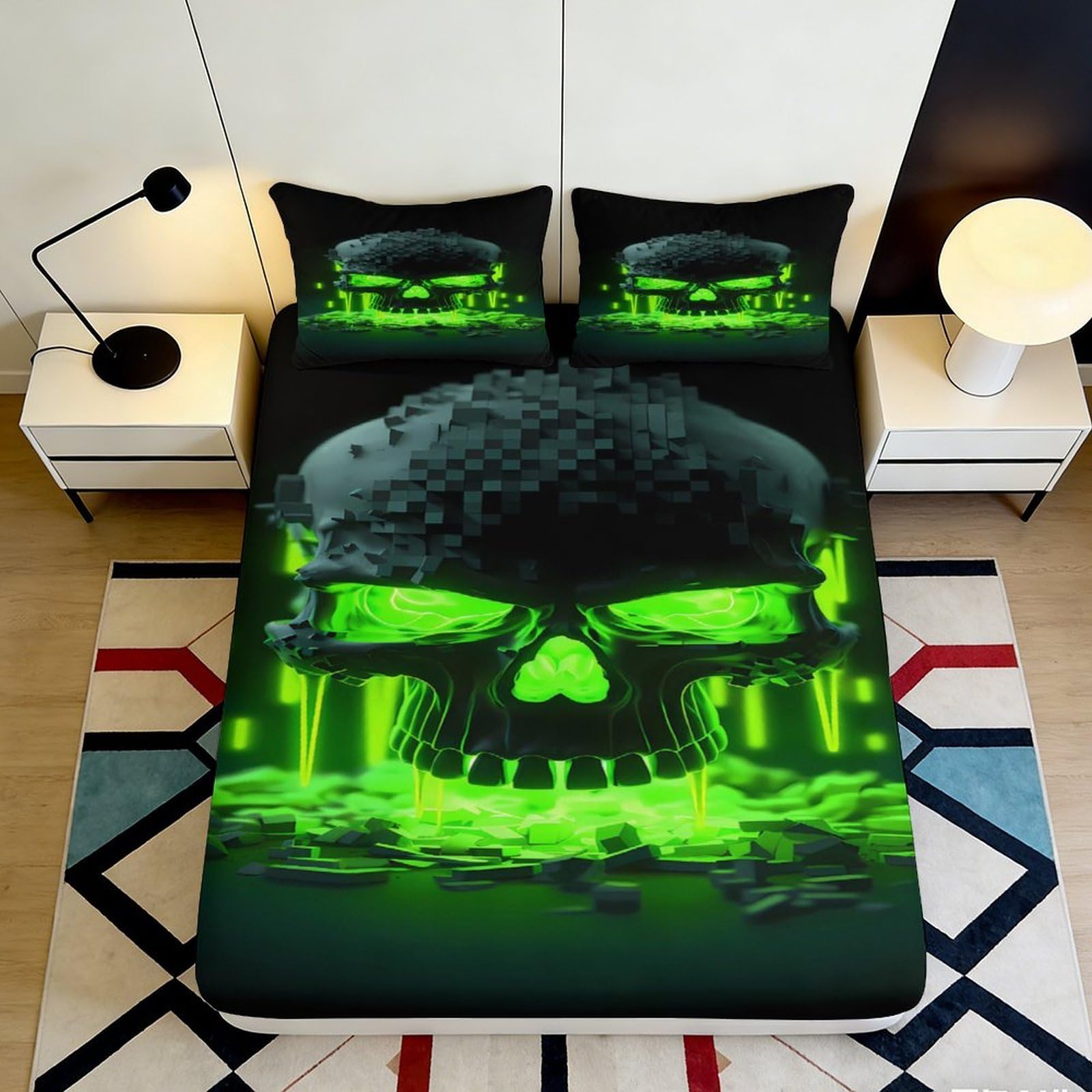 3D Printed Neon Skull Fitted Sheet Microfiber Deep Pocket Bedroom Bedding Neon Skull Mattress Fitted Cover for Adults Teens 200x200x25cm