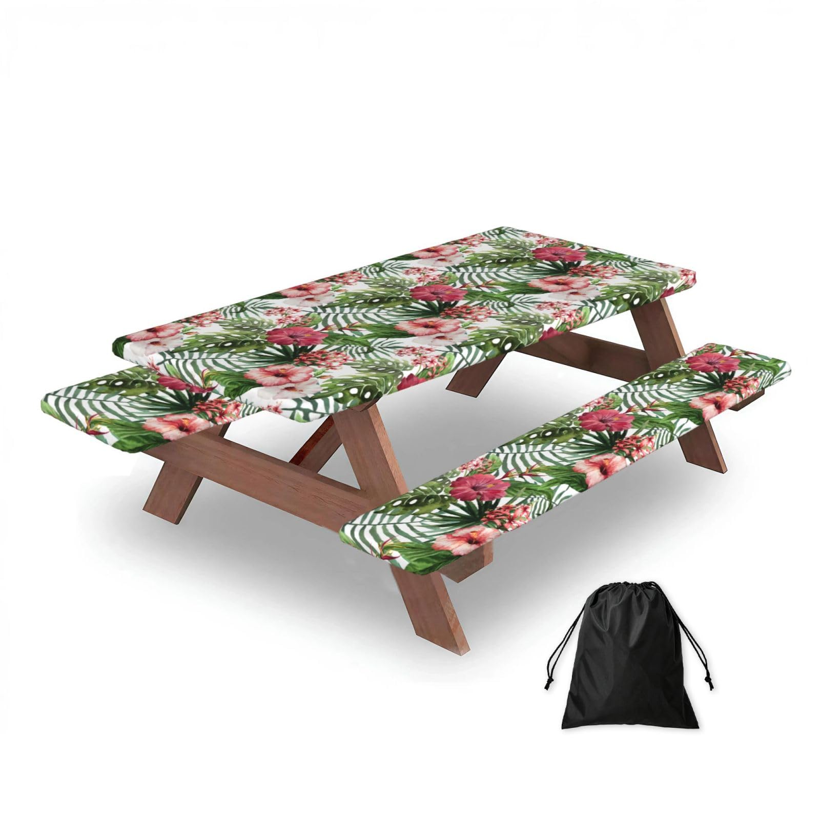 Dopklna As Picture Hibiscus Flower Print, Picnic Table Cover With Bench Covers -Waterproof Elastic Fitted Tablecloth For Garden Camping Patio 76X152cm