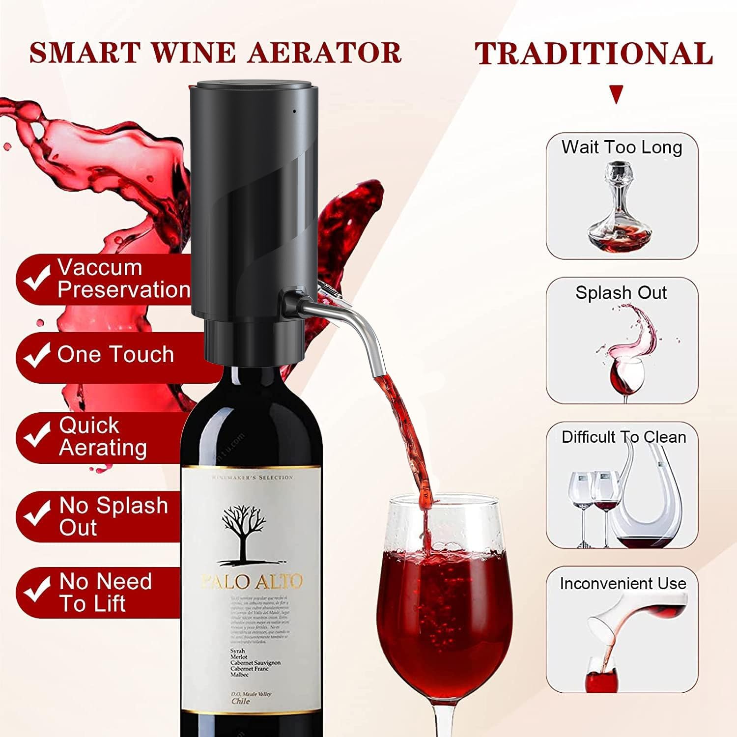 Aeratore di Vino Elettrico Ricaricabile USB 2-in-1 Decanter Versatore per Vino
