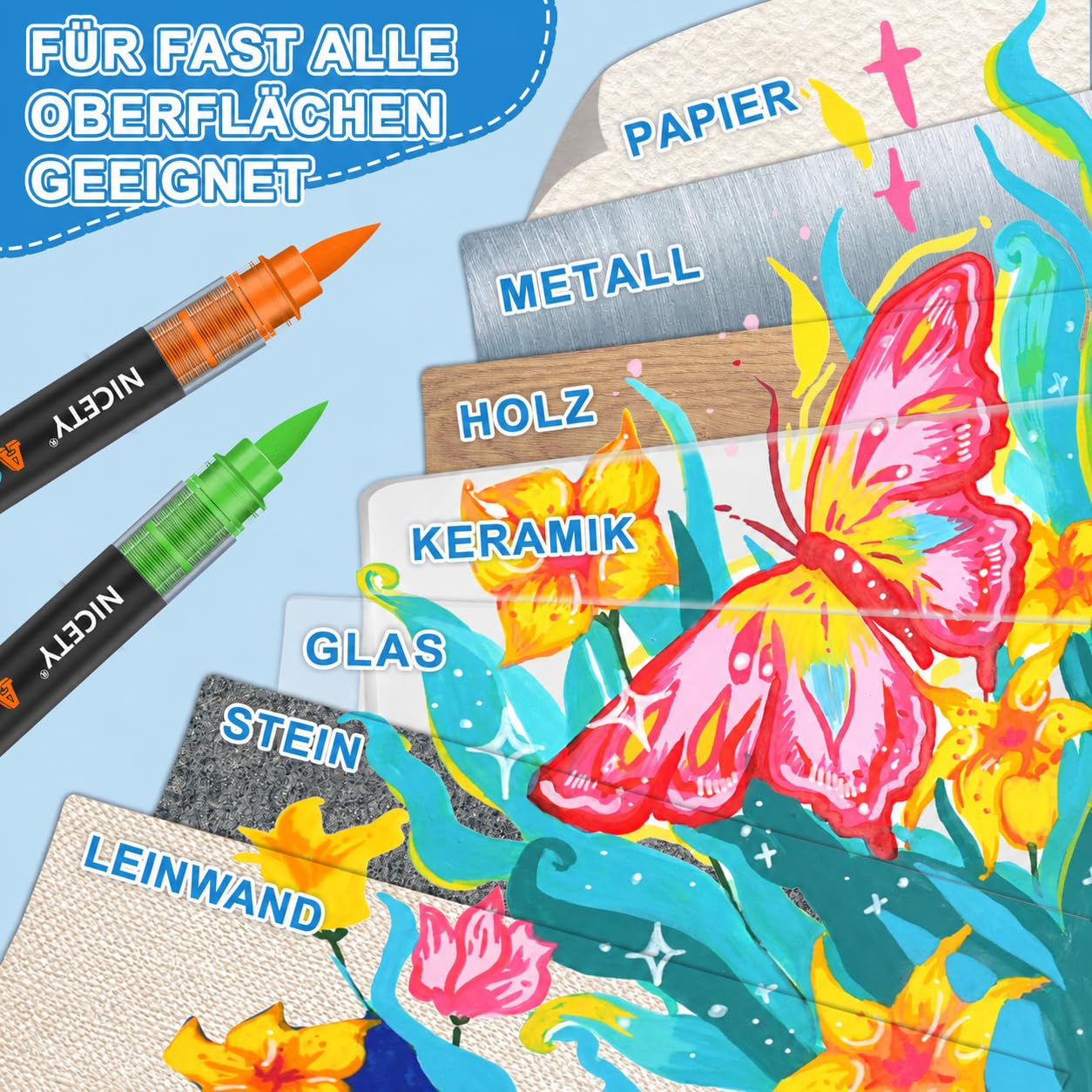NICETY 264 Acrylstifte für Steine Wasserfest - Pinselspitze Acrylmarker für Steine, Holz, Stoff, Leinwand, Glas, Keramik, 1-6mm Multimarker Acrylfarben Marker Set