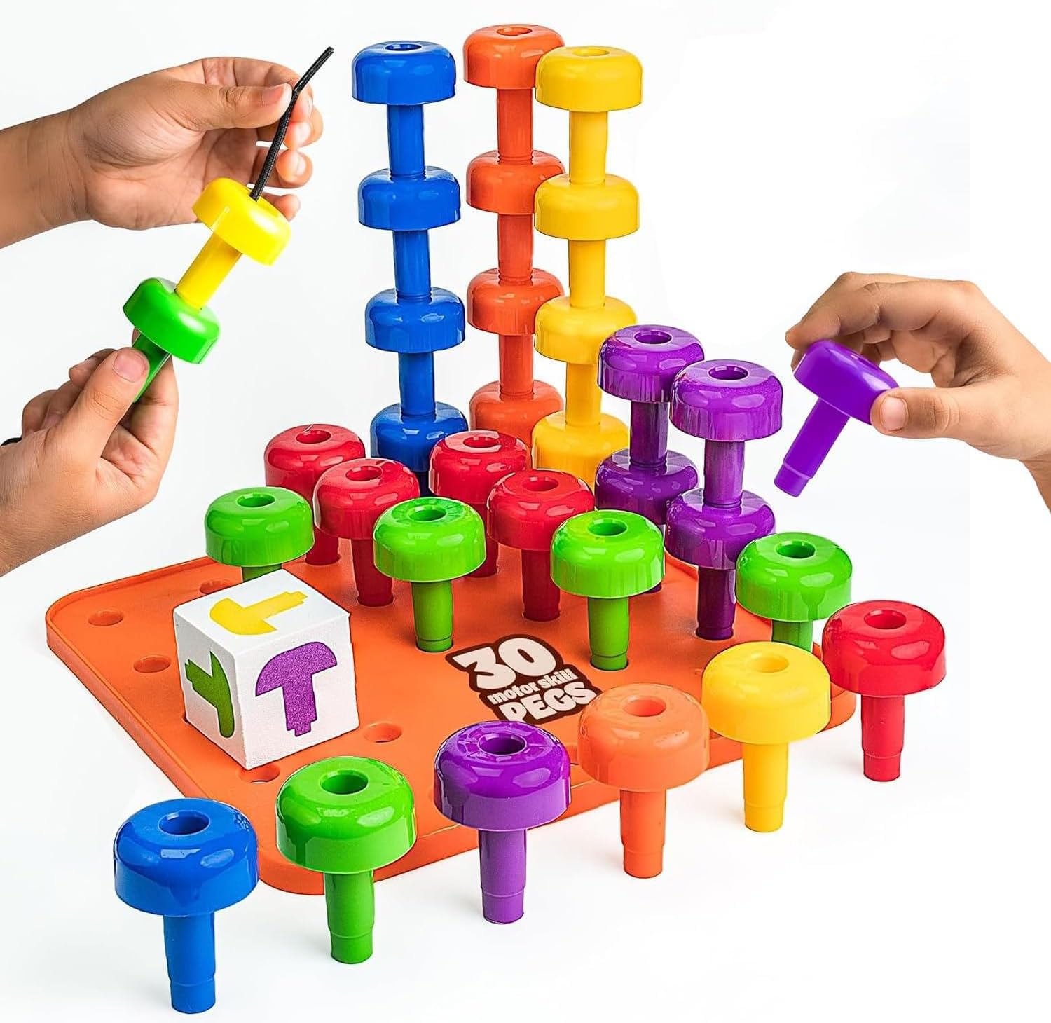 Skoolzy Peg Board Set - Montessori Toys for 2 Year Old - 33 Pc Plastic Peg Board for Kids - Occupational Therapy Toys with Pegs, Dice, Lacing String & Storage Bag