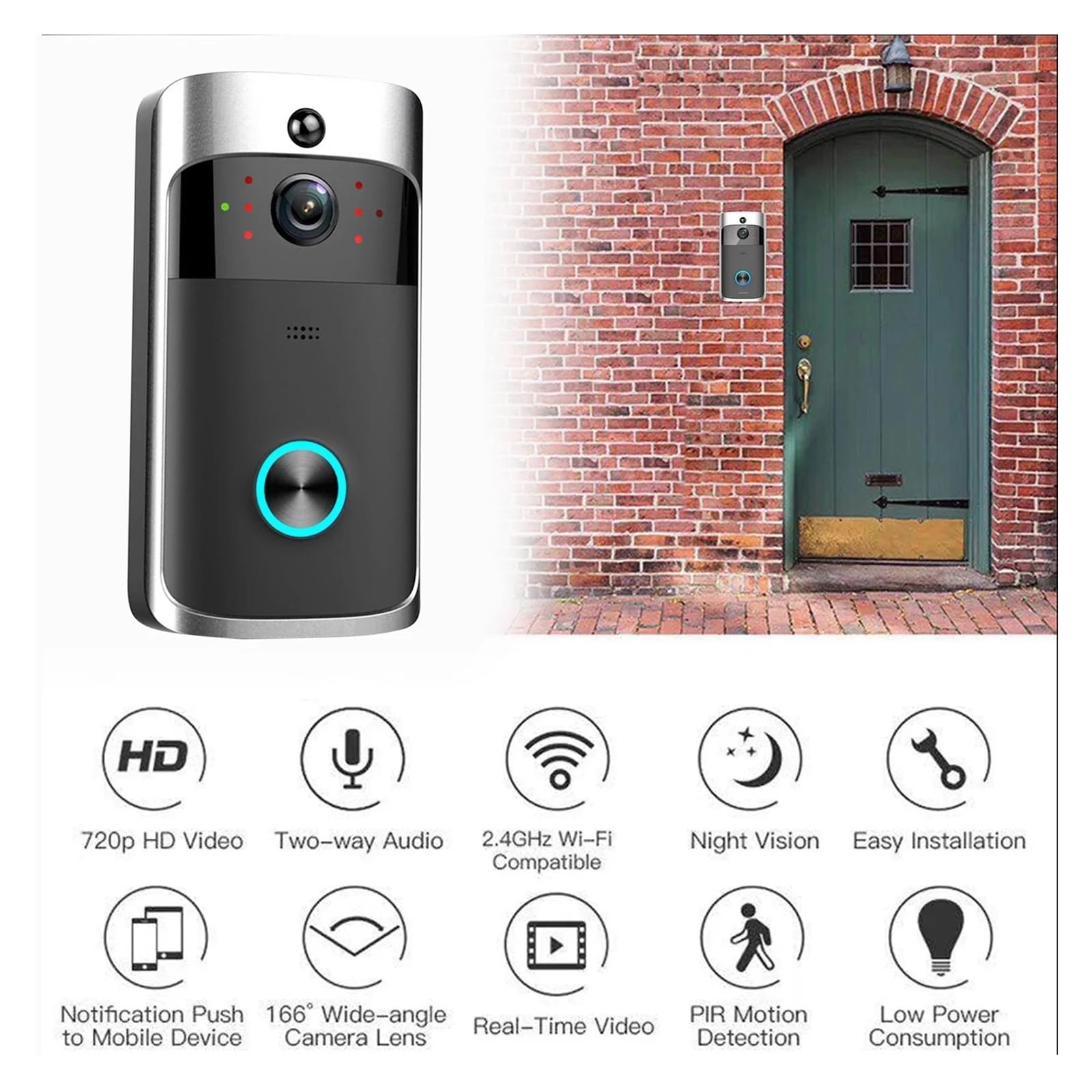 Timbre Inteligente Inalámbrico con Visión Nocturna, 720P HD, For Interiores, Cancelación De Ruido, Equipo Seguridad For El Hogar Audio Bidireccional