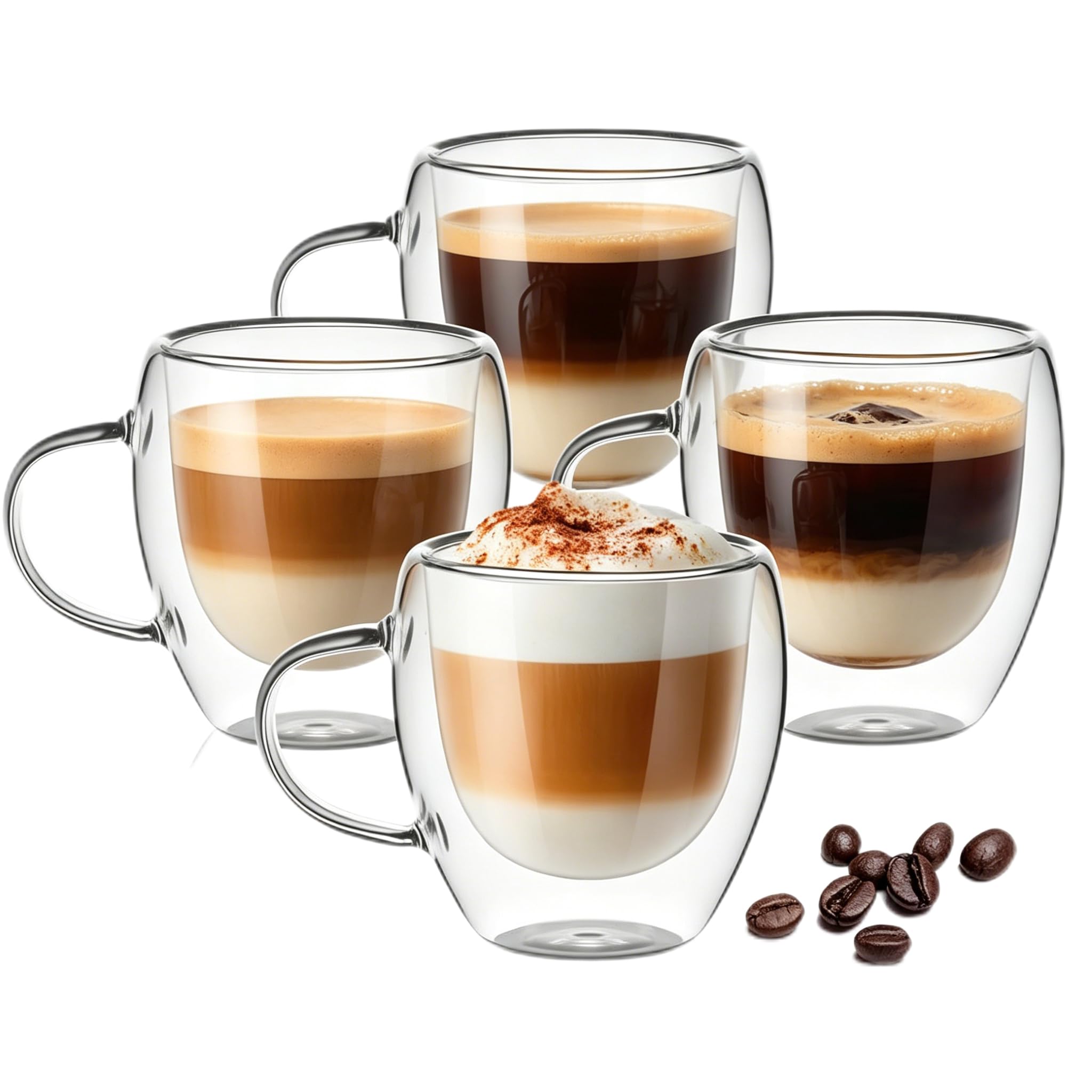 Double Walled Insulated Glass Cups, 4x250ml Espresso Coffee Cups with Hands, Cappuccino Mugs,Wall Thermo Insulated Latte Cup, Clear Glasses Mugs for Latte,Hot Drinks Tea Milk Juice Ice Cream