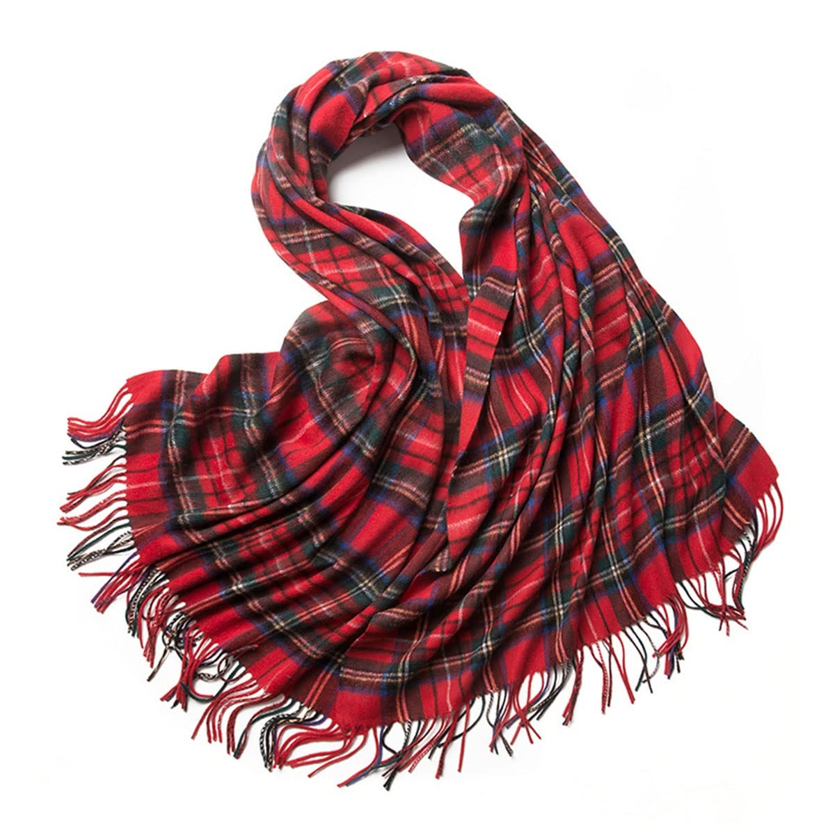 Sciarpa in pura lana, scialli invernali morbidi e caldi, alla moda da donna, con nappe e quadri, colore rosso