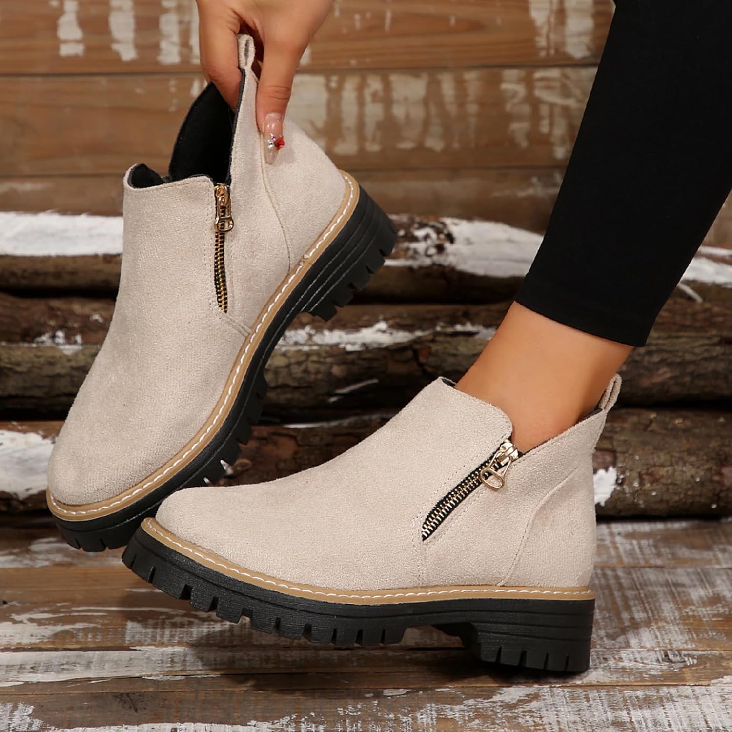 Chunky Heel Ankle Boots For Women Suede Comfy Platform Lug-Sole Round Toe Short Booties With Side Zipper Casual Vintage Shoes - Image 2