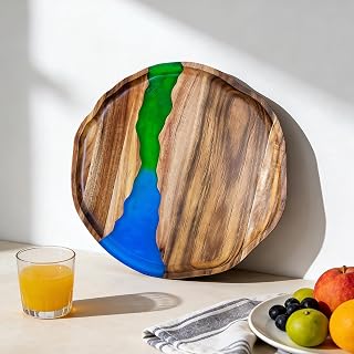 Handmade Acacia Wood Serving Tray with Stunning Resin Design - Decorative Platter for Snacks, Drinks, Coffee Table, Kitchen & Home Organization