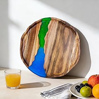 Handmade Wood Serving Tray with Resin Design, Decorative Acacia Wood Tray for Snacks, Drinks, Coffee Table, Kitchen, Home Decor & Organization, Wooden Serving Platter for Party