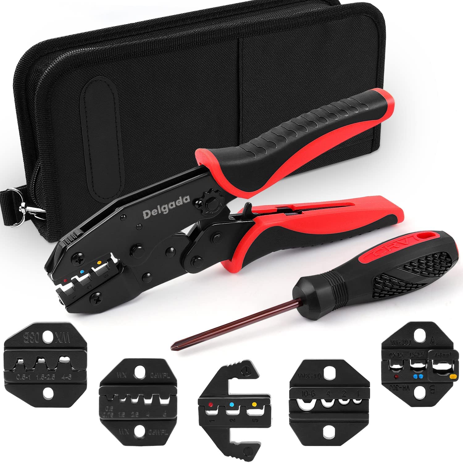 Delgada Ratcheting Crimping Tool Set, 6PCS Interchangeable Jaws Wire Crimper Tools with Screwdriver Carry Bag,Crimping Pliers for Heat Shrink,Insulated,Non-Insulated,Open Barrel,Ferrule Terminals