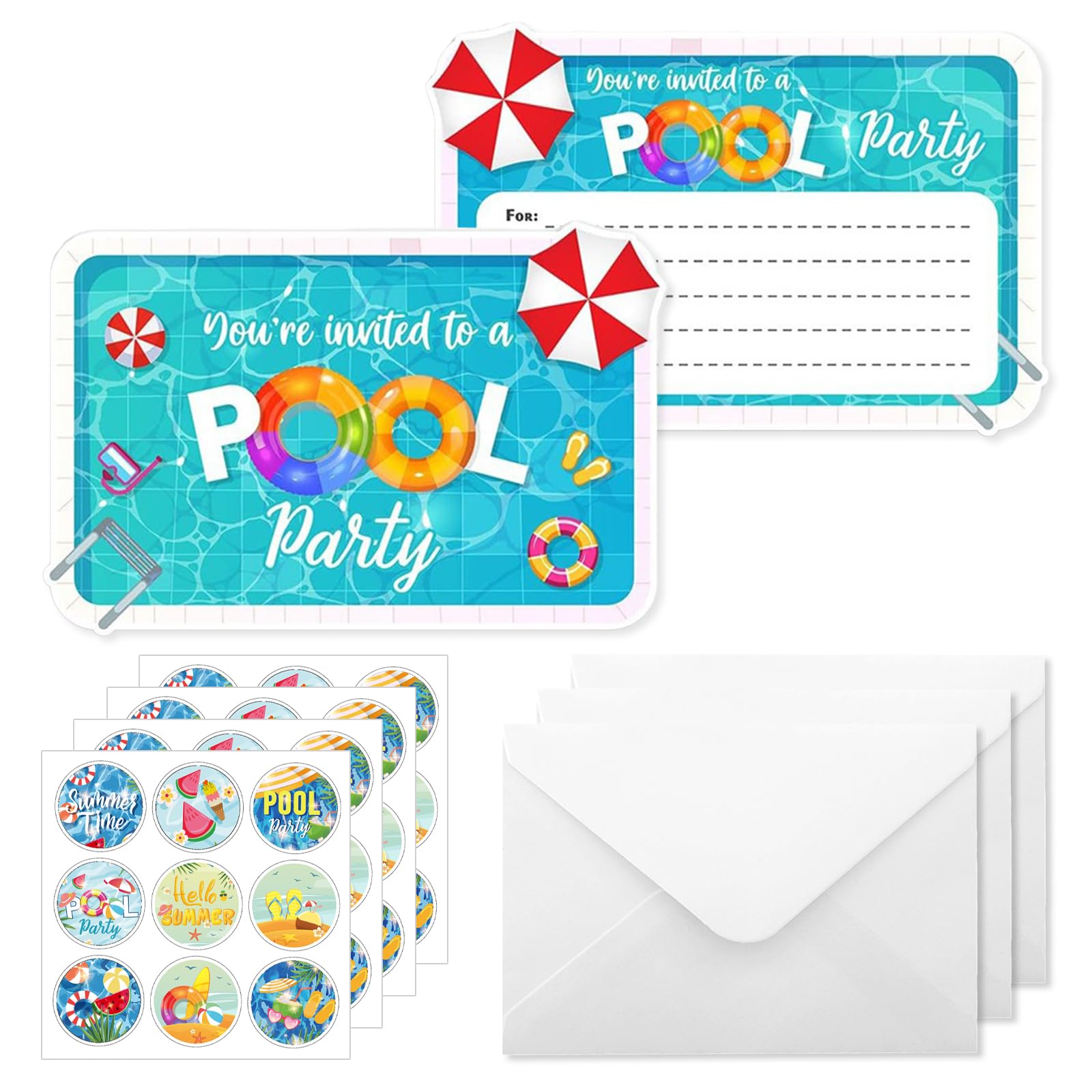 IHCEMIH 36 Pack Party Invitations Kids, Birthday Invites Card Girls Pool Party Invite Summer Childrens Paper Invitation Cards with 36 Envelopes and Stickers for Children Boys Girls UK โ image 1