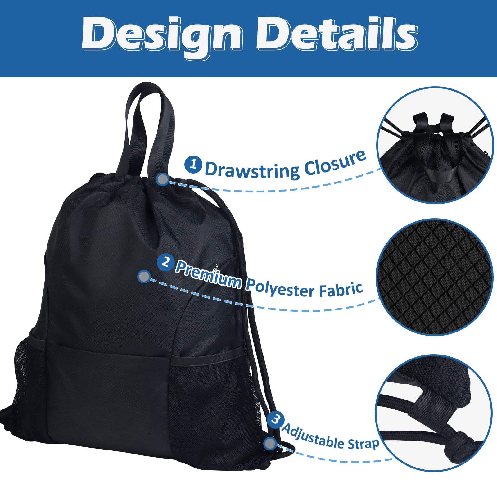 Moyad Drawstring Bags for Women Men Swim PE Bags Drawstring Gym Bag for Kids Adults Waterproof String Swimming Sports Backpack for School Travel Black & Diamond Grid Pattern - Image 2