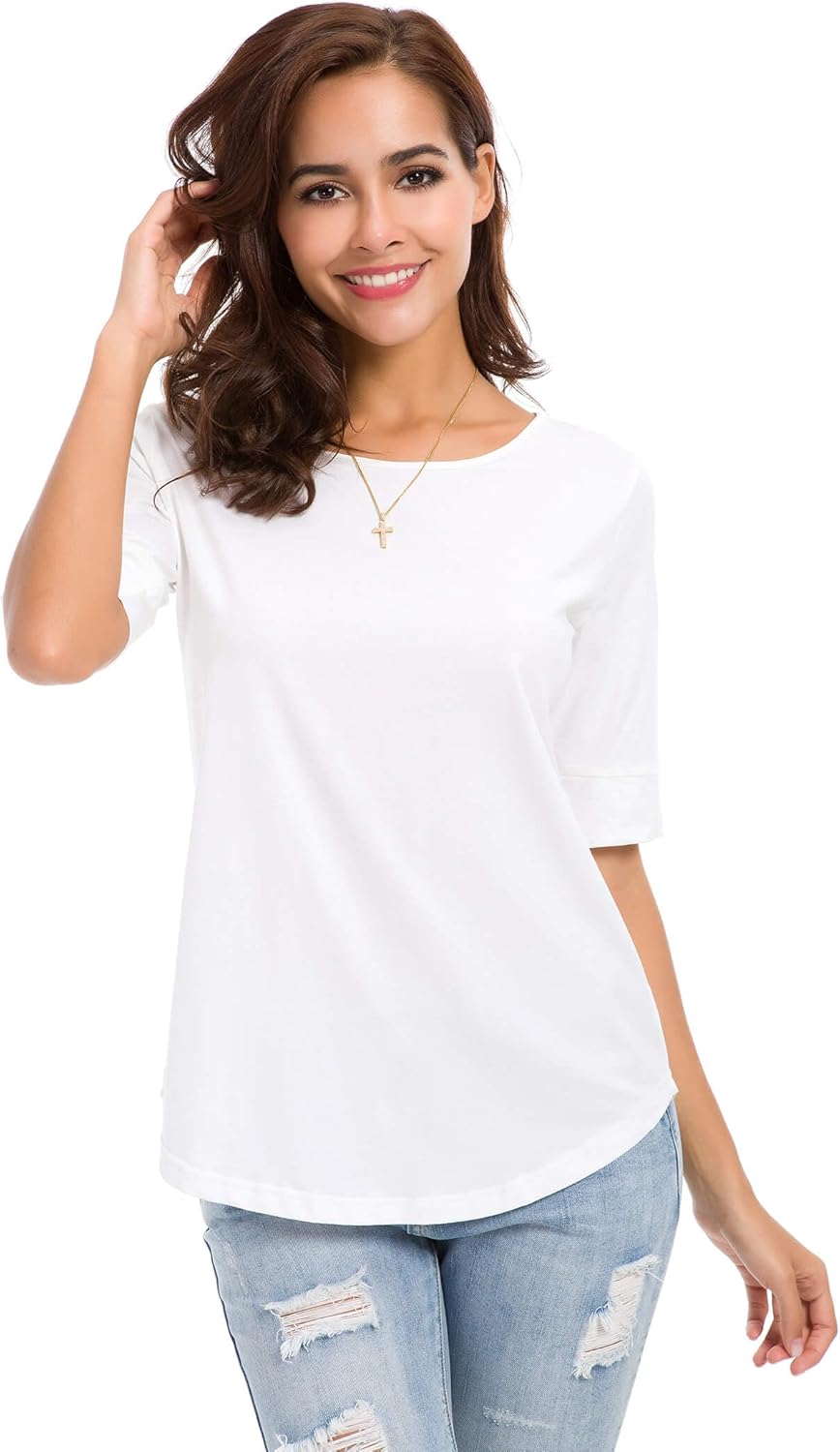 Women's Cotton Tops Scoop Neck Elbow Length Sleeve T Shirts Summer Basic Tunic Tee - Image 3