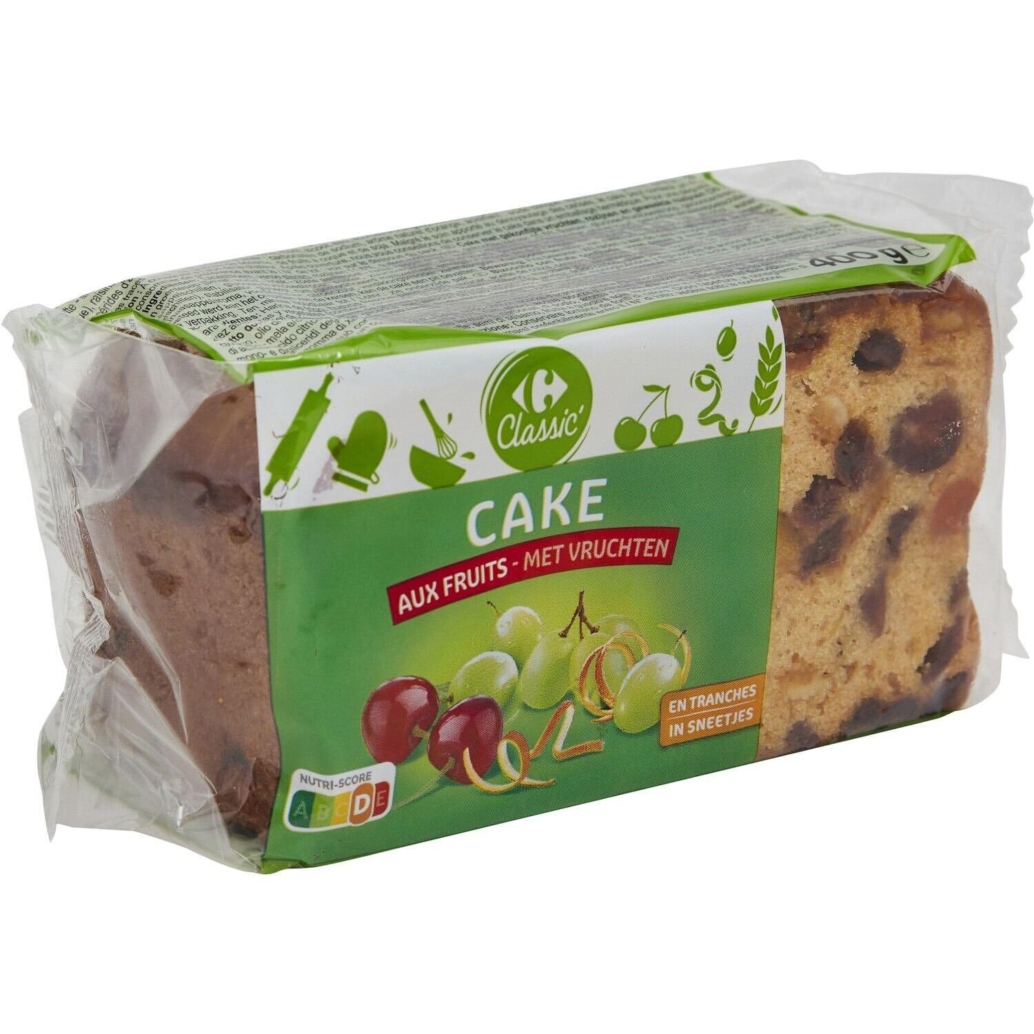 CARREFOUR CLASSIC' - Cake aux Fruits Confits, Raisins Secs et Raisins Macérés en Tranches - le paquet de 400g - Le Lot De 4