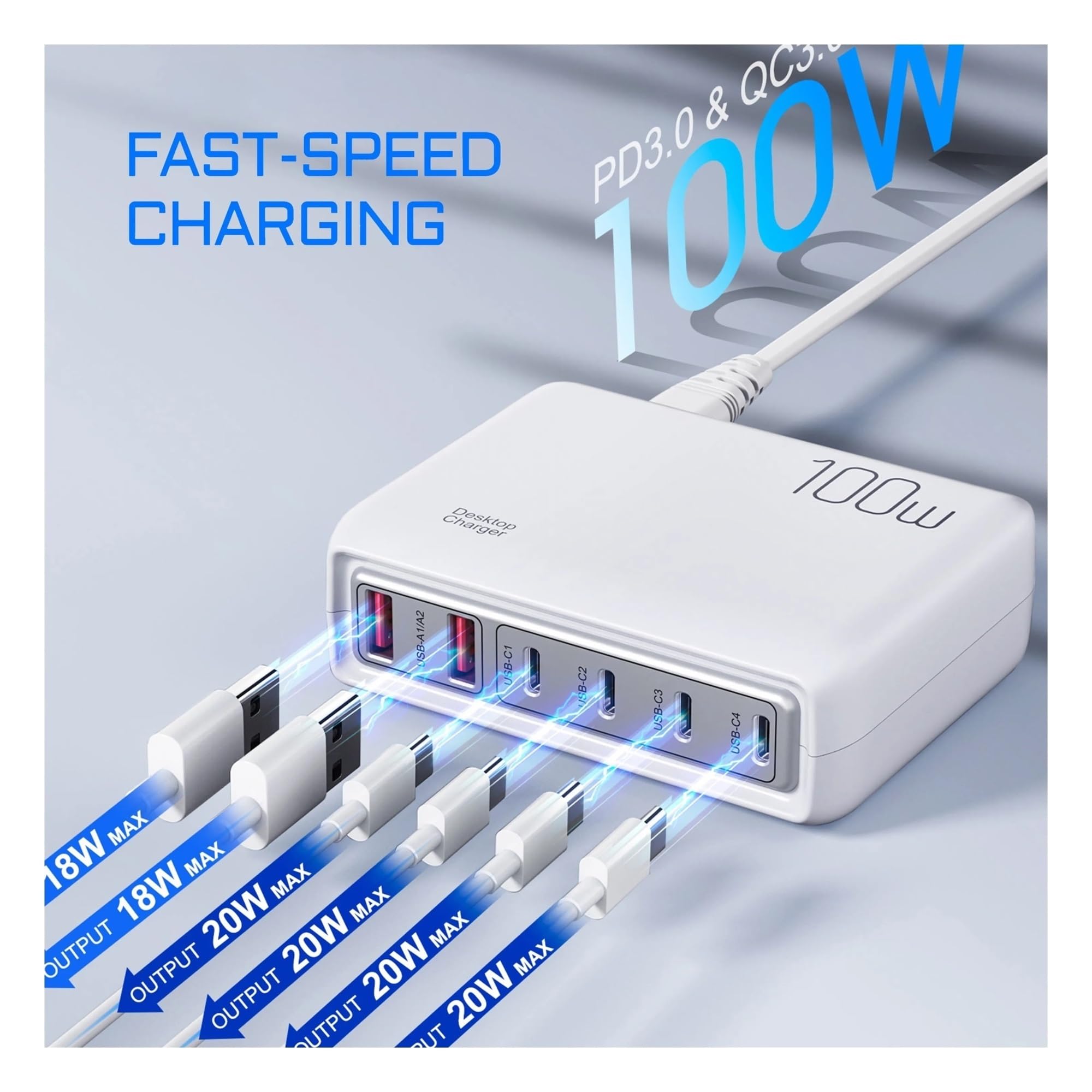 Rapide Chargeur, Chargeur USB 100W Type C PD Charge Rapide Plusieurs 6 Ports Chargeur de Bureau Station Chargeur de téléphone,Chargeur USB Voyage/Haute Vitesse