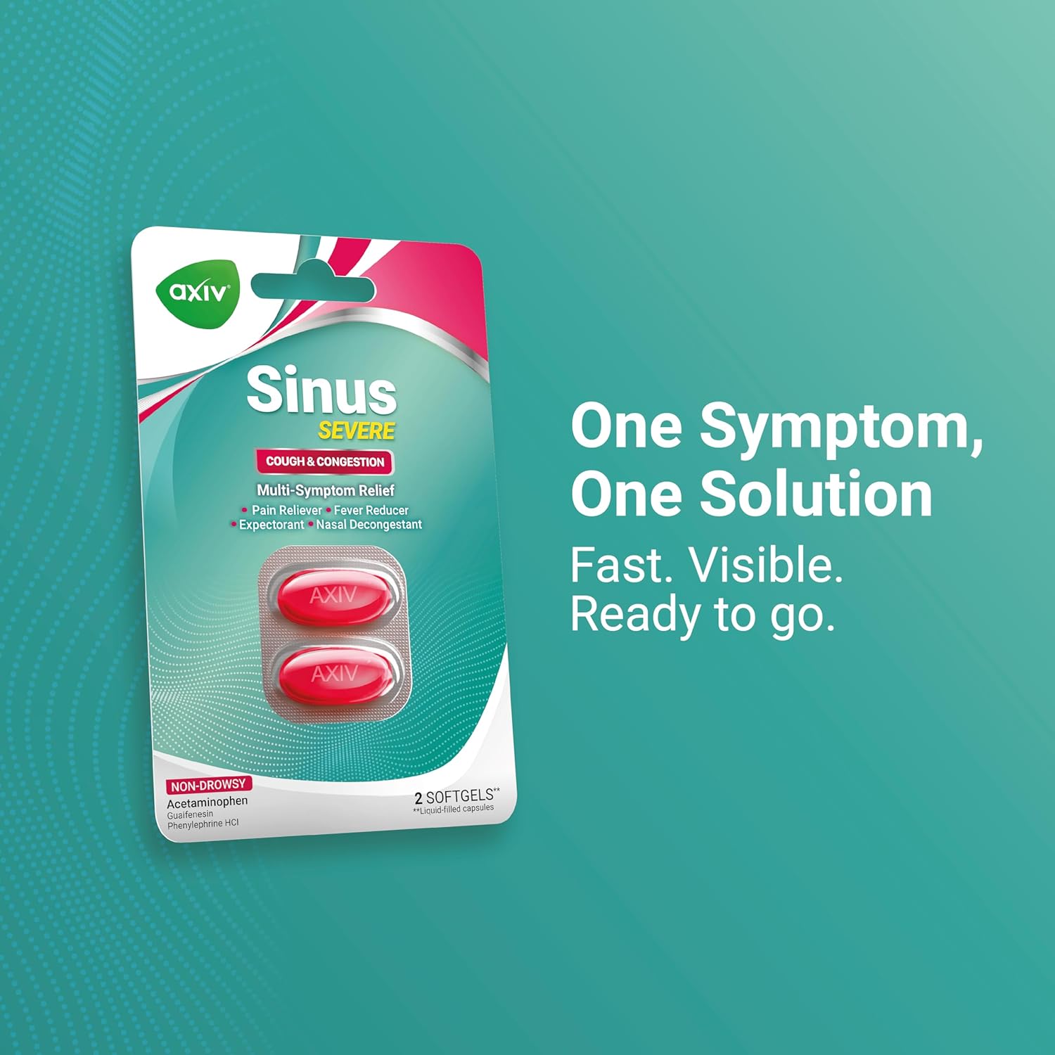 AXIV Sinus Severe + Mucus Relief, Non-Drowsy, Loosens Mucus, Maximum Strength Relief of Pain, Pressure, Congestion, & Headache Ease, 25 Blister Packs (2 Softgels Each, 50 Total)