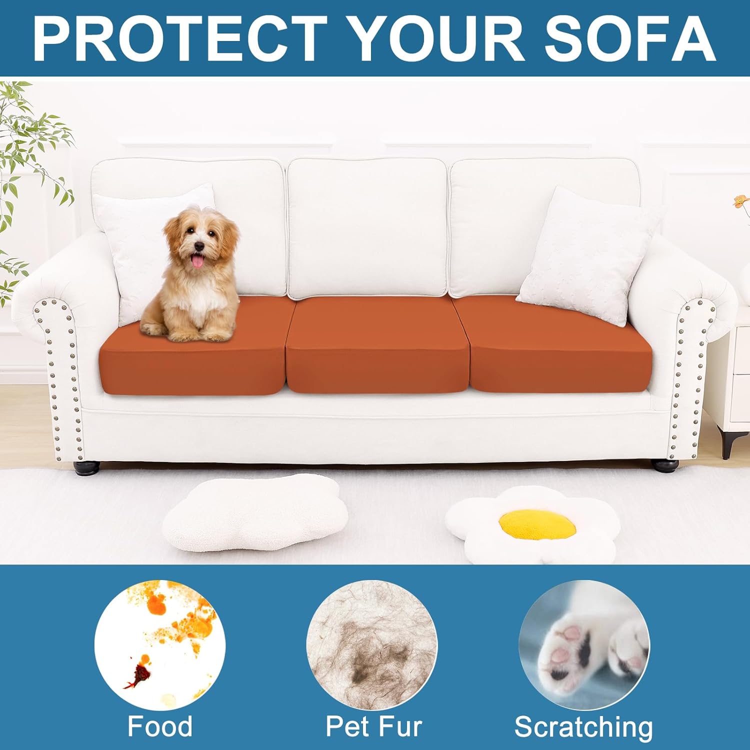 Smiry Printed Couch Cushion Covers, Stretch Soft Couch Covers for Sofa, Washable Non-Slip Sofa Slipcover Furniture Protector for Indoor and Outdoor (3 Pack, Rust)