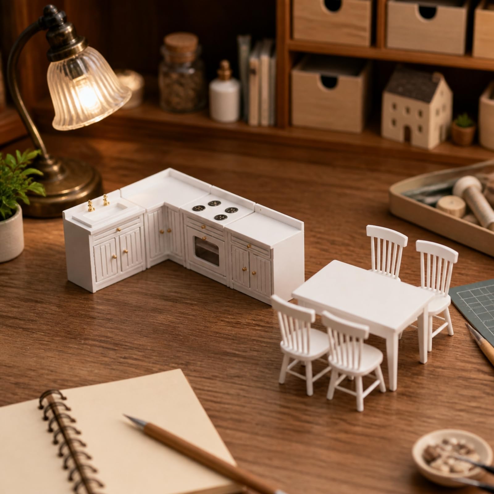 1:12 Puppenhaus Küche Mit Essbereich Stabil Miniatur Küche Mit Herd Und Backofen Puppenhausmöbel Für Modellbauer, Dekorative Sammlung,