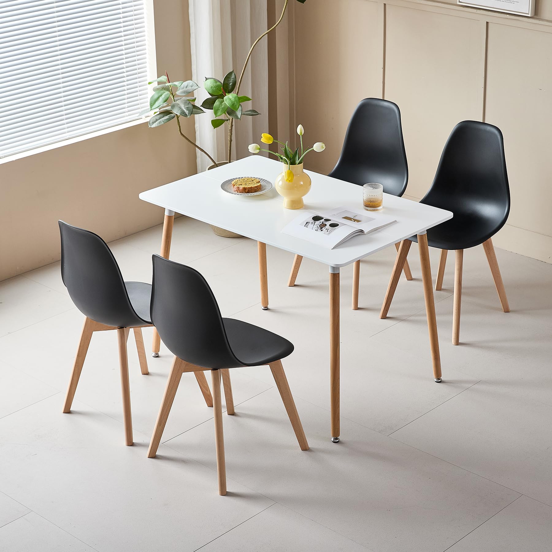 Set di 8 Sedie da Pranzo Moderna Sedia Laterale con Sedile in PP e Gambe in Legno di Faggio ideale per Sala da Pranzo, Cucina, Soggiorno, Camera da Letto (Nero)
