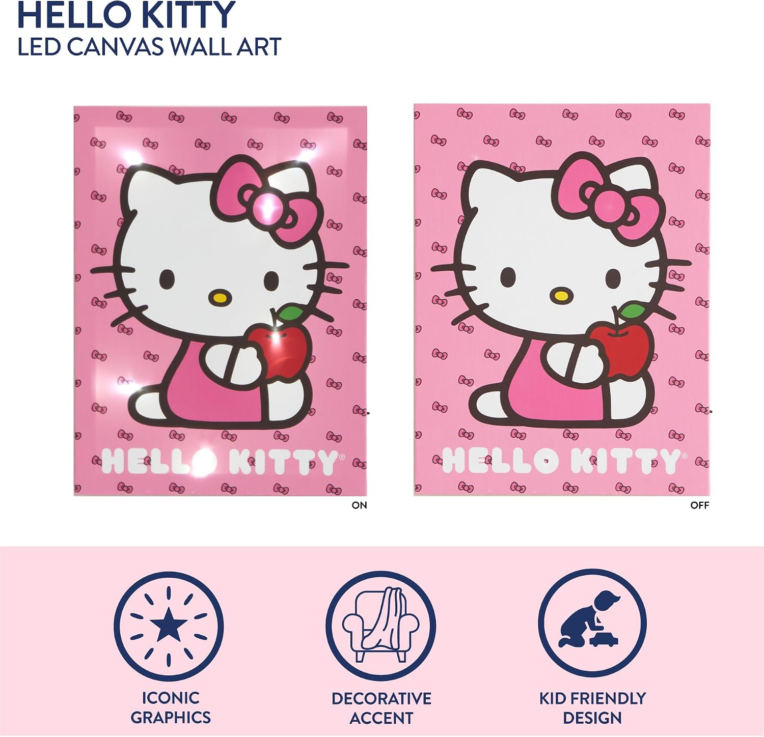 Hello Kitty LED Wall Art for Kids,Light-Up Canvas Wall Décor by Sanrio,11.5" x 15.75", Battery Operated Night Light for Bedrooms & Playrooms