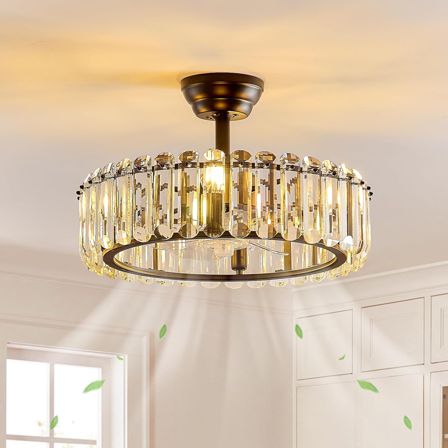 19.7 Inch Black Caged Ceiling Fan with Light, Luxury Round Crystal Fandelier 4 Lights Low Profile Bladeless Ceiling Fans,Enclosed Reversible Ceiling Fan Light kit for Bedroom Living Room