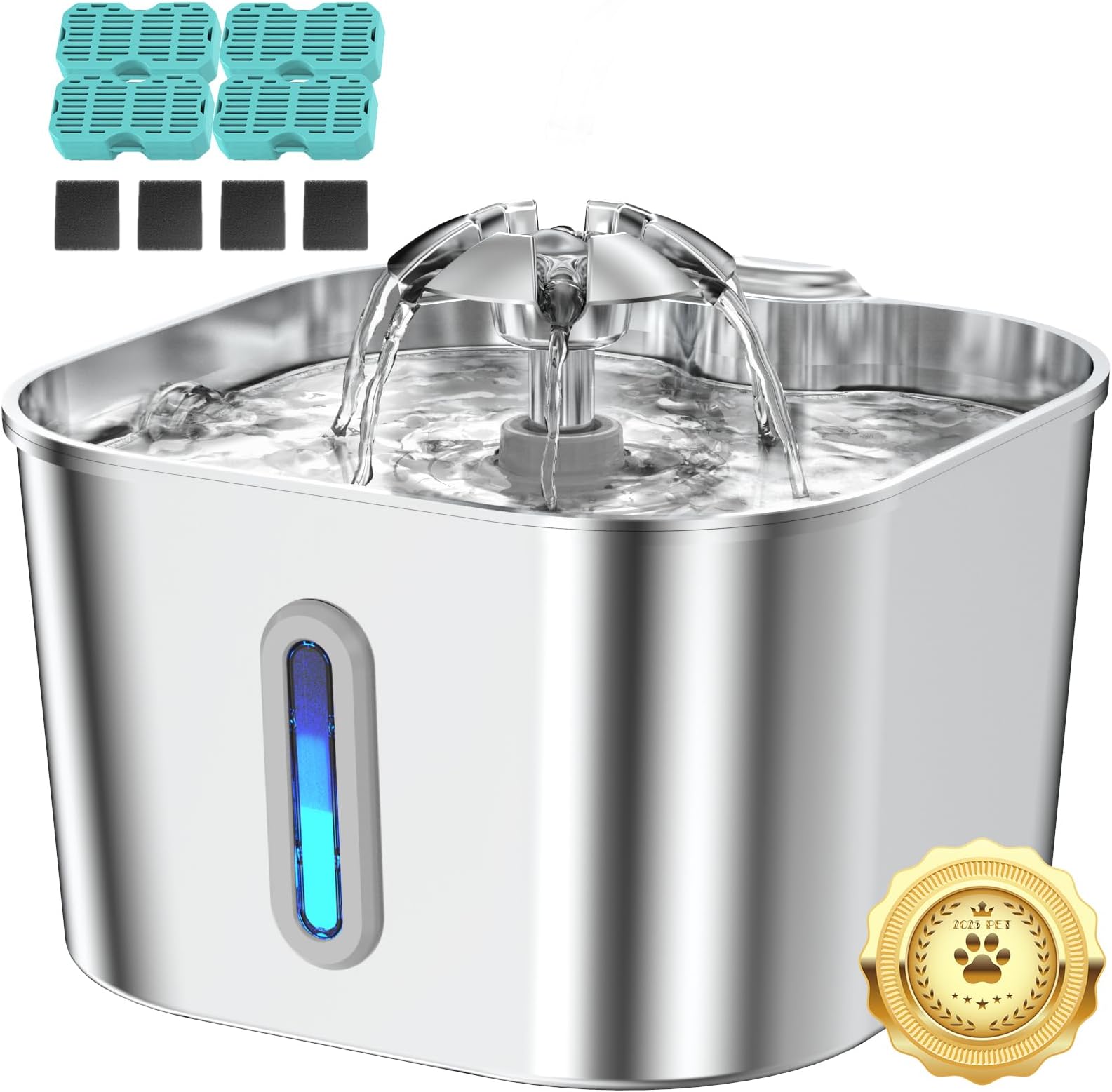 Cat Water Fountain Stainless Steel with 4 Filters & 4 Sponges, 74oz/2.2L Cat Fountain with Quiet Pump, Automatic Pet Water Dispenser, Ideal for Multi-pet Homes, Fresh & Clean Water for Cats and Dogs