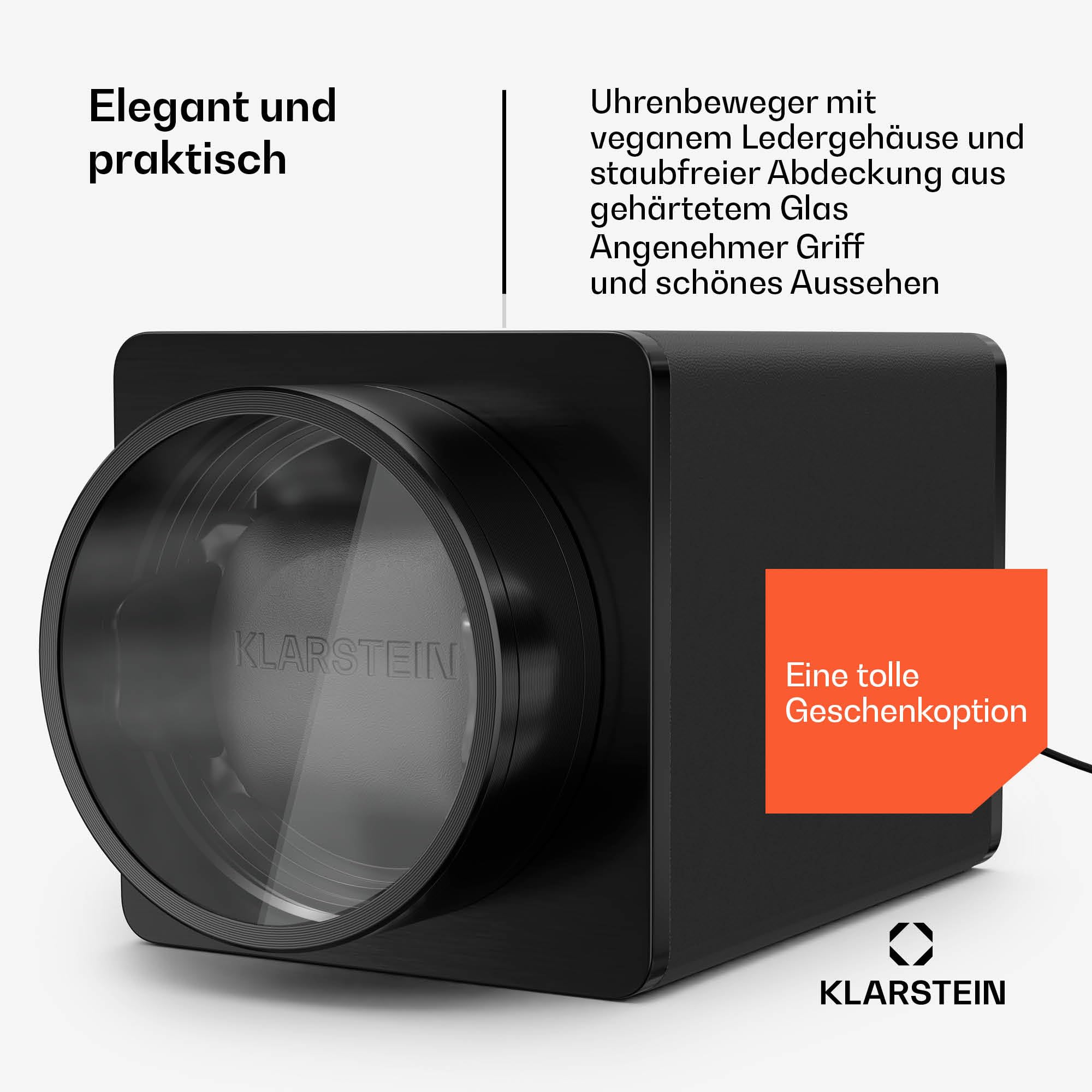 Klarstein TimeSync Uhrenbeweger – Leiser Mabuchi-Motor, veganes Leder, 5 TPD, Batteriebetrieb und Netzstrom, für 1 Automatikuhr, Schwarz – Uhrenbeweger für Automatikuhren